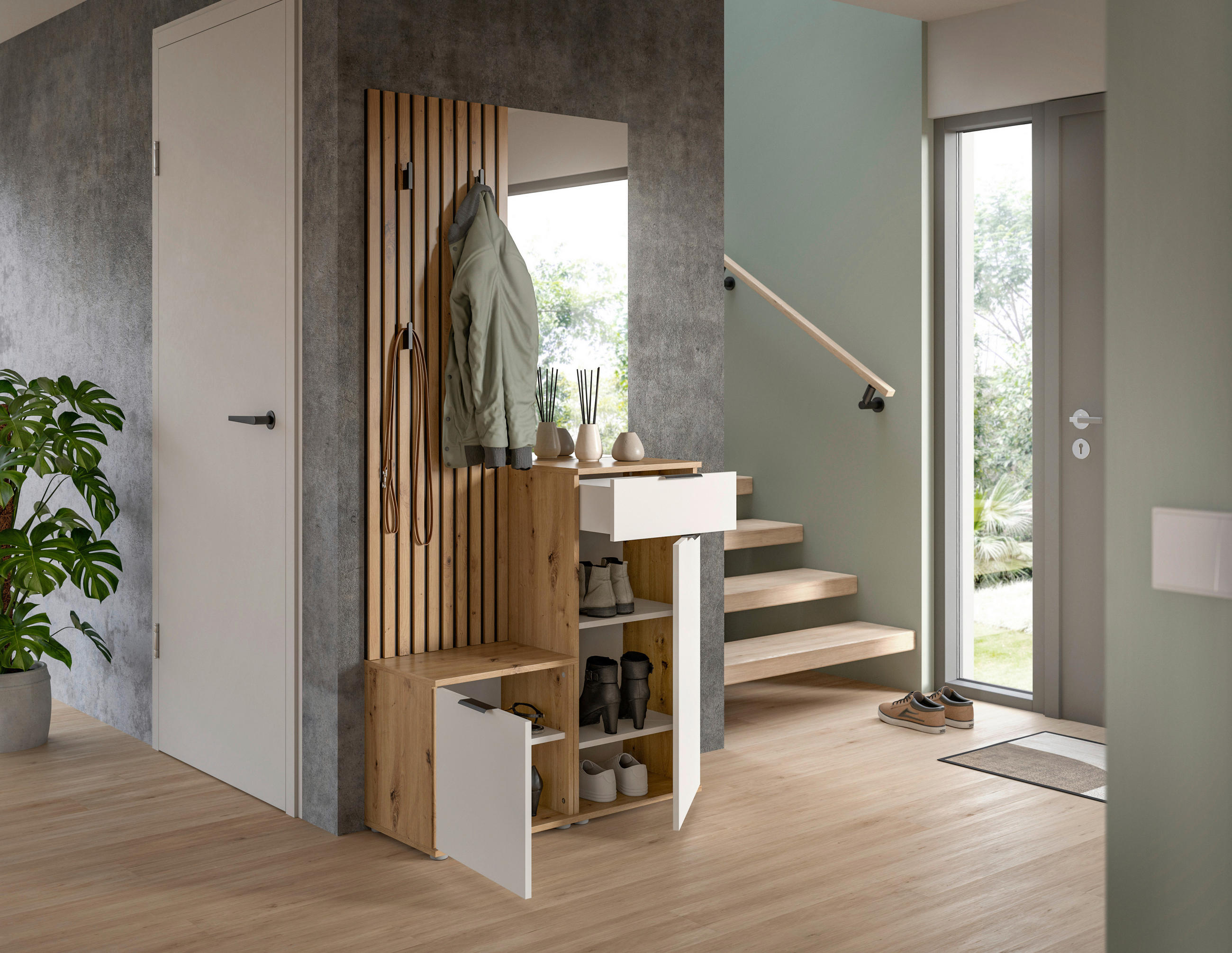 GARDEROBE 4-teilig  in 88/195/35 cm  - Weiß/Eiche Artisan, Design, Glas/Holzwerkstoff (88/195/35cm) - Xora