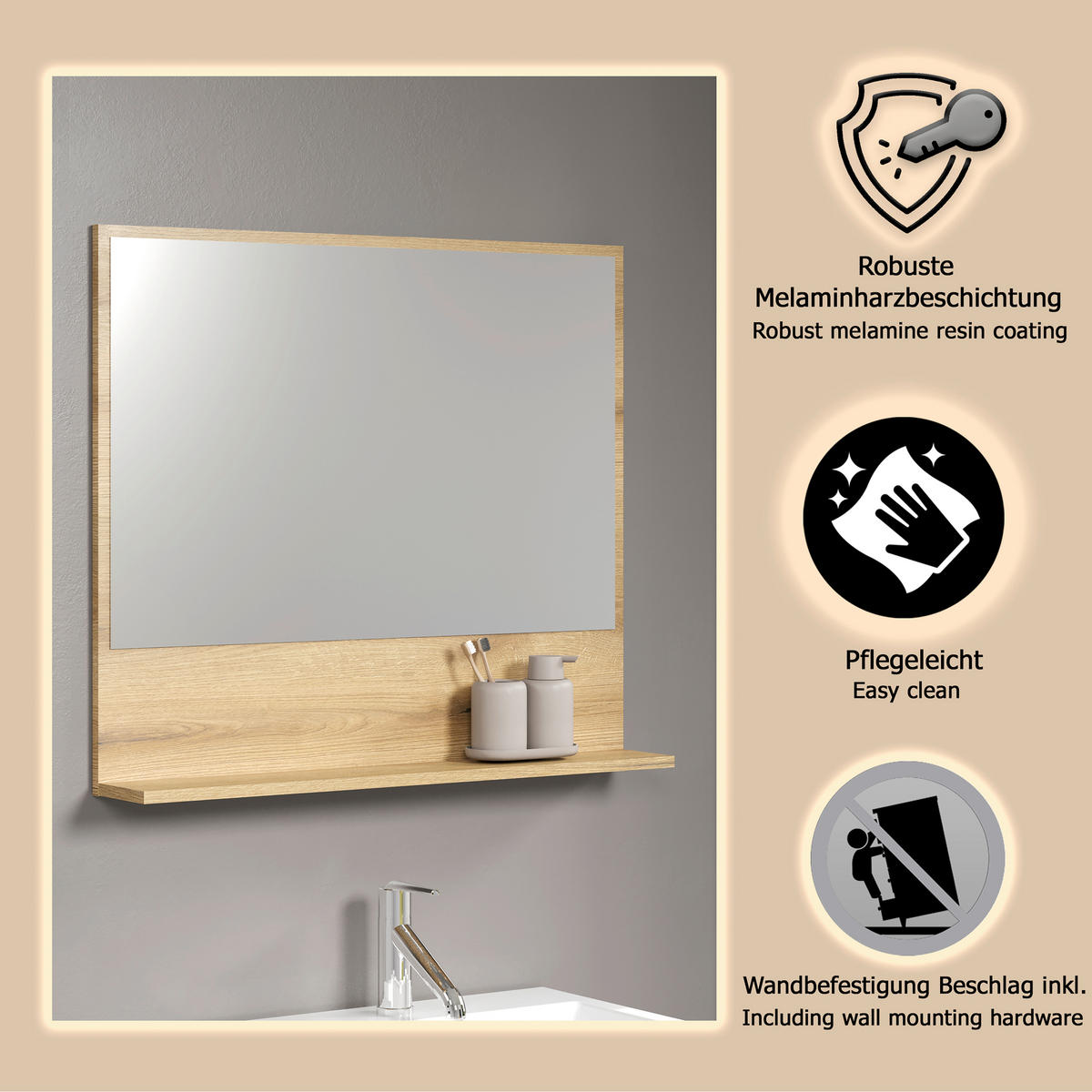 BADEZIMMERSPIEGEL 80/74/14 cm  - Eichefarben, Trend, Glas/Holzwerkstoff (80/74/14cm) - MID.YOU