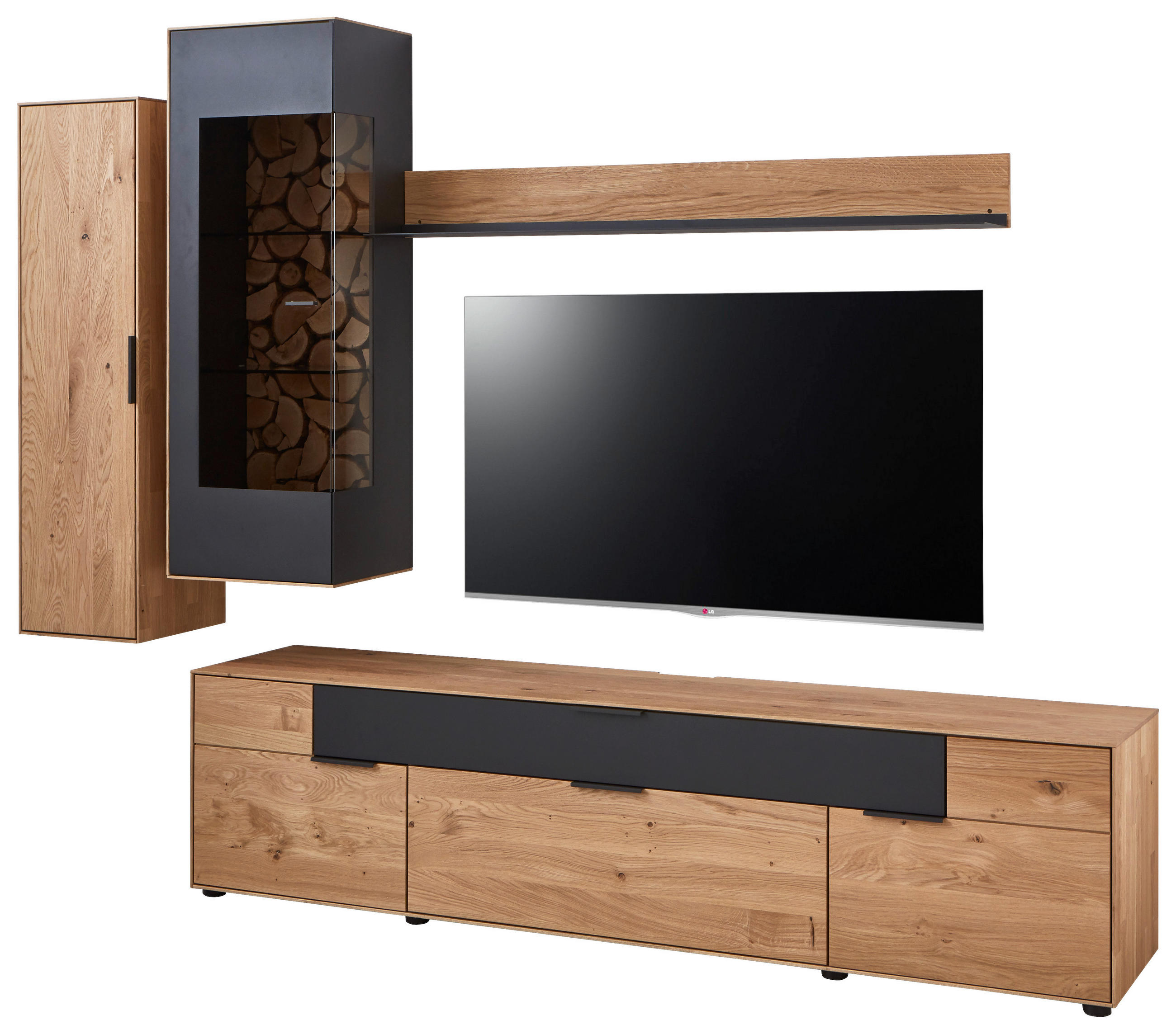 WOHNWAND  in Schwarz, Eichefarben  265,9/201,8/45,2 cm  - Wildeiche/Eichefarben, Design, Glas/Holz (265,9/201,8/45,2cm) - Valdera