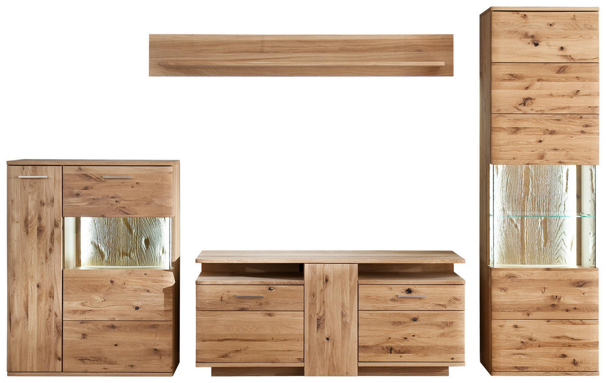 WOHNWAND  in Eichefarben  320/208/45 cm  - Eichefarben/Schwarz, Design, Glas/Holz (320/208/45cm) - Livetastic