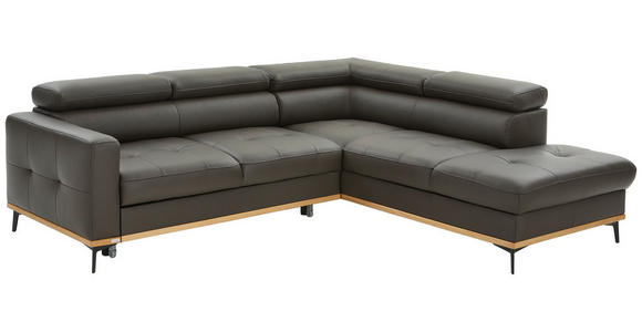 ECKSOFA Dunkelbraun Echtleder  - Dunkelbraun/Schwarz, Design, Leder/Holz (252/220cm) - Novel