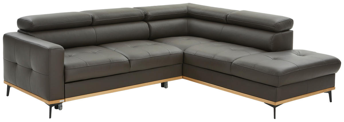 ECKSOFA Dunkelbraun Echtleder  - Dunkelbraun/Schwarz, Design, Leder/Holz (252/220cm) - Novel