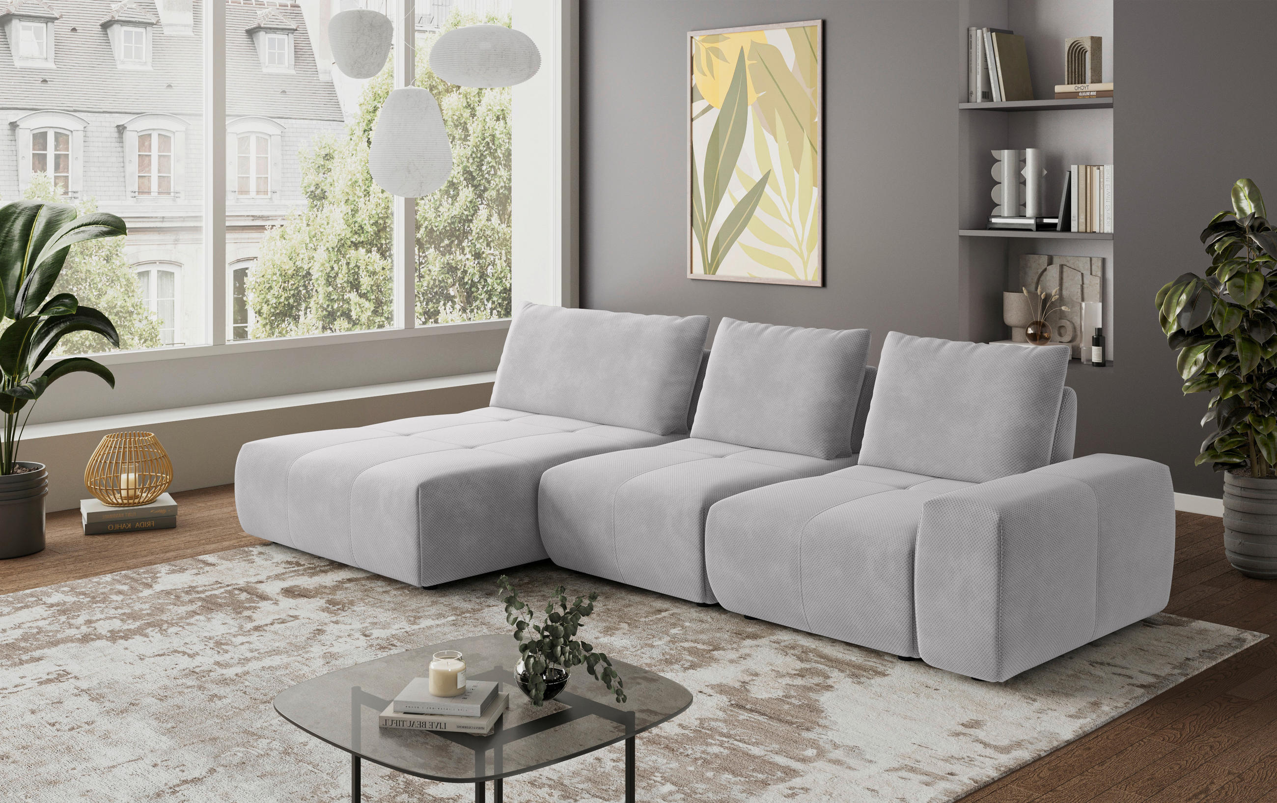 ECKSOFA in Velours Silberfarben  - Silberfarben/Schwarz, Design, Kunststoff/Textil (174/347cm) - Xora