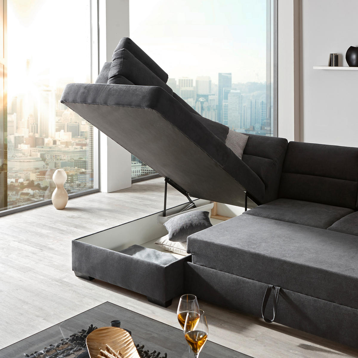 WOHNLANDSCHAFT inkl.Funktionen Anthrazit Webstoff  - Dunkelbraun/Anthrazit, KONVENTIONELL, Kunststoff/Textil (183/319/166cm) - Cantus