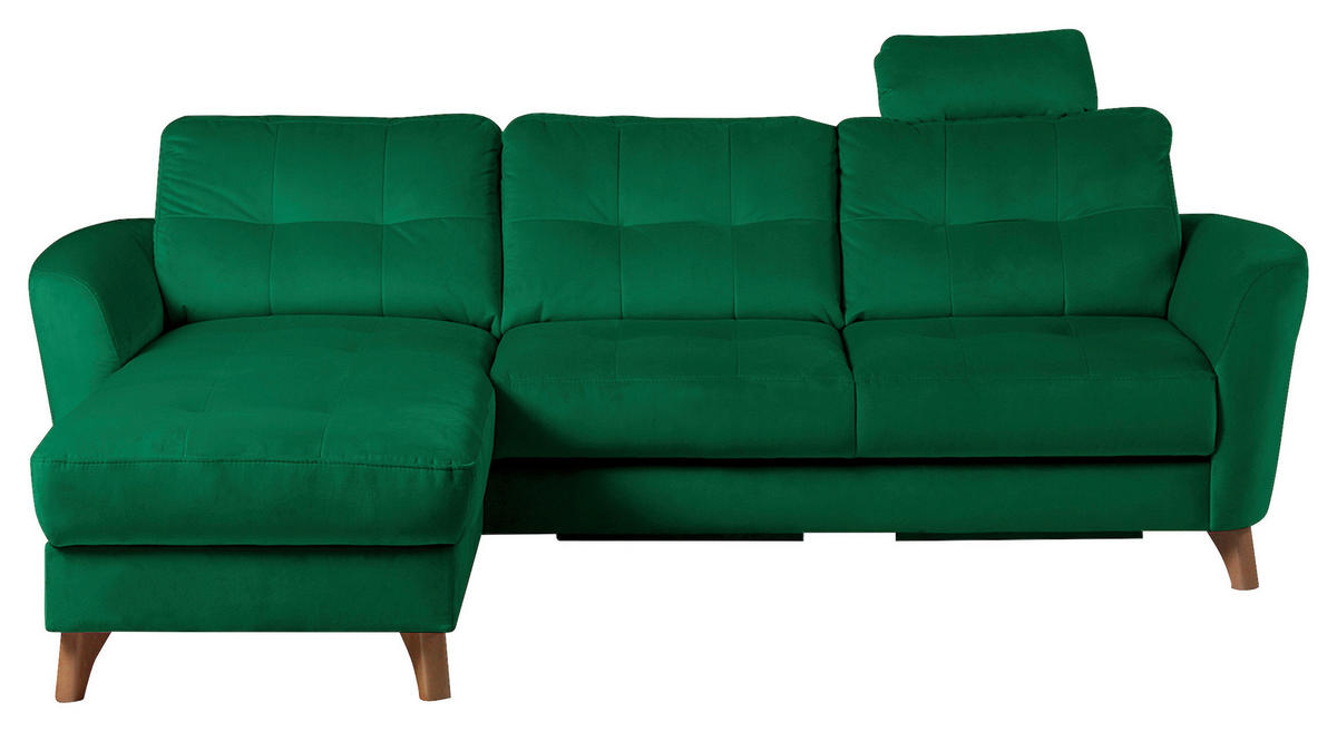 ECKSOFA Dunkelgrün Samt Bettkasten, Schlaffunktion, Liegefläche im Originalstoff  - Dunkelgrün/Buchefarben, Design, Holz/Textil (168/238cm) - Livetastic