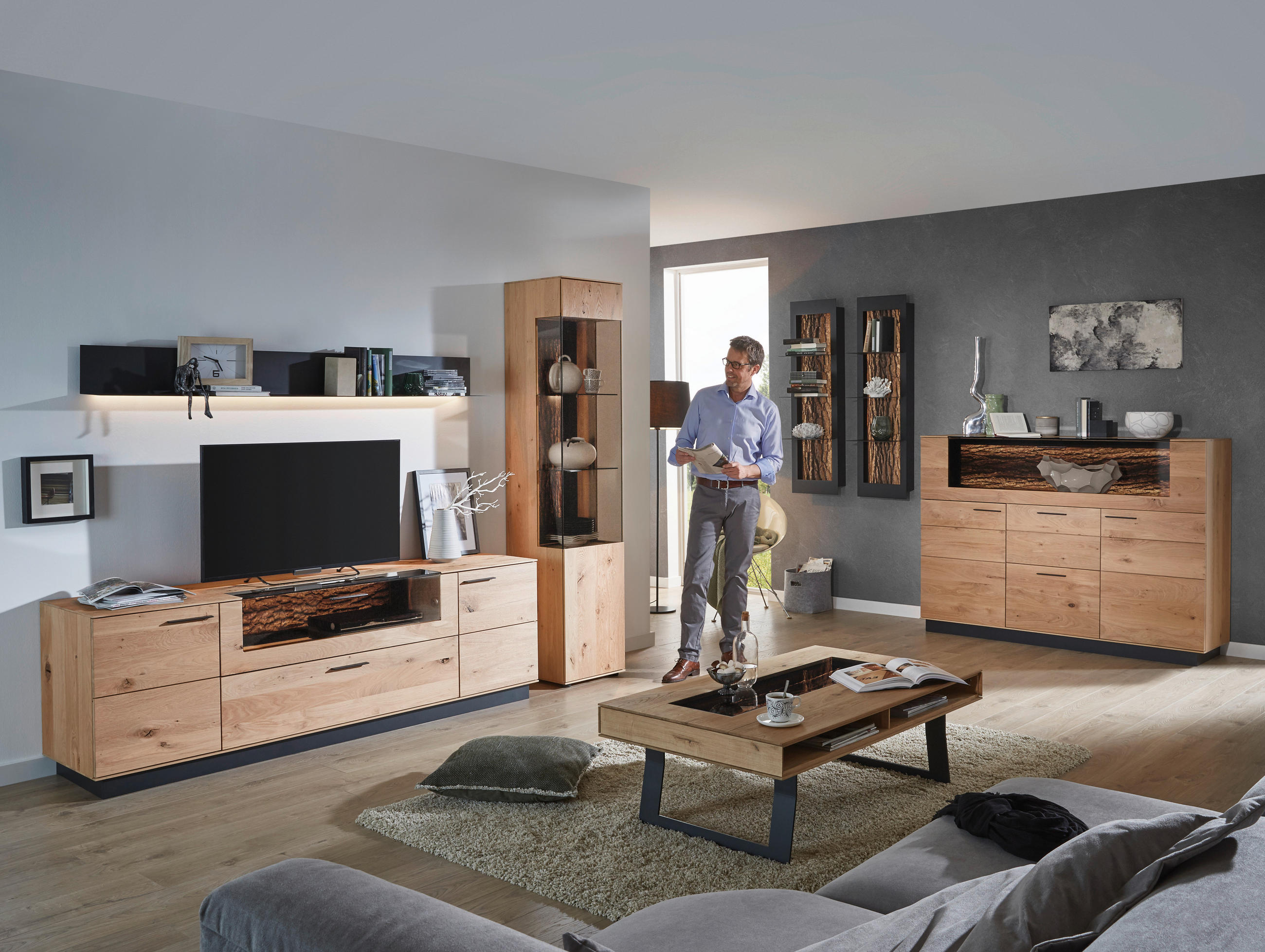 WOHNWAND  in Anthrazit, Eichefarben, Bronzefarben  269/205/49 cm  - Eichefarben/Anthrazit, Design, Glas/Holz (269/205/49cm) - Valnatura