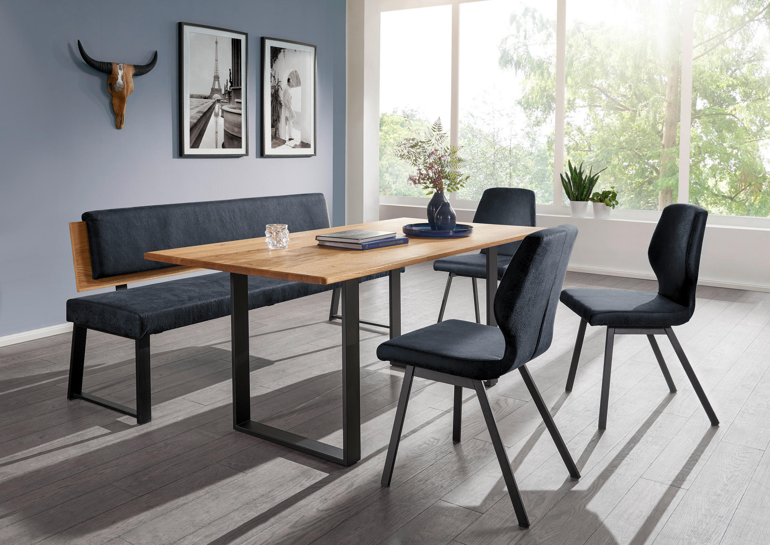 SITZBANK 160/85/60 cm  in Dunkelblau  - Schwarz/Dunkelblau, Design, Holz/Textil (160/85/60cm) - Venda