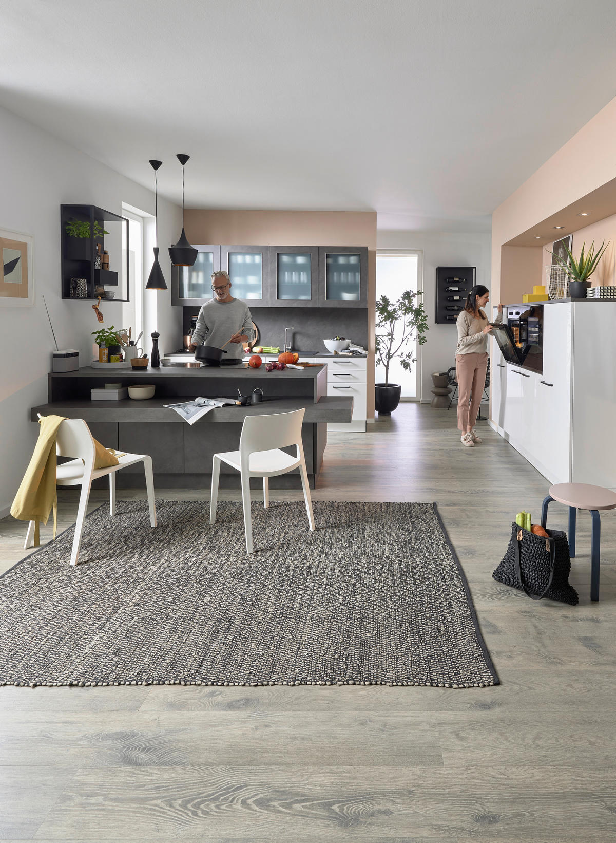 EINBAUKÜCHE DK411  - Weiß Hochglanz/Grau, Design, Holzwerkstoff - Dieter Knoll