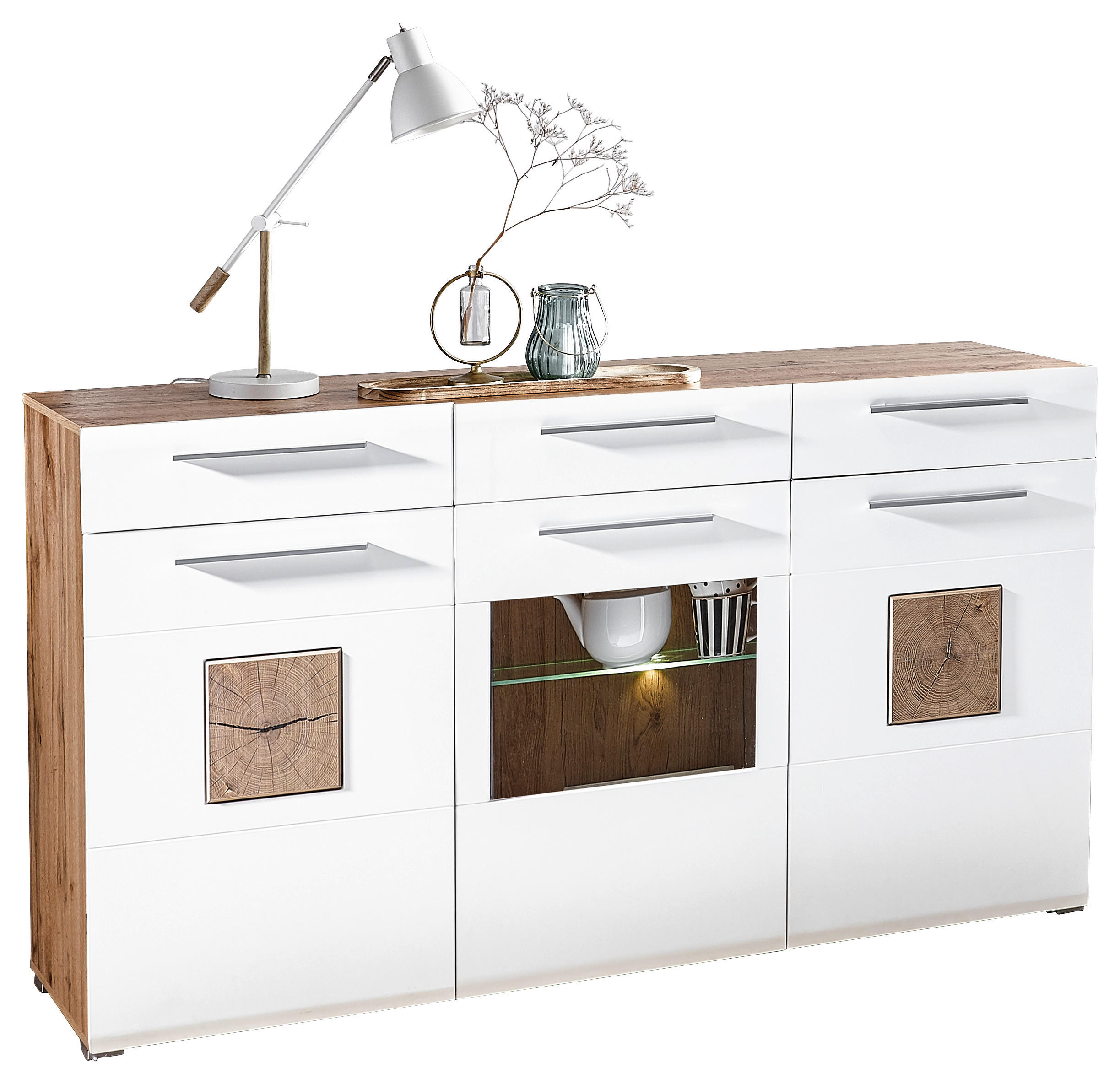 KOMODA S VRATIMA - boja hroma/boja hrasta, Konvencionalno, staklo/drvo (180/98/43cm) - Hom`in