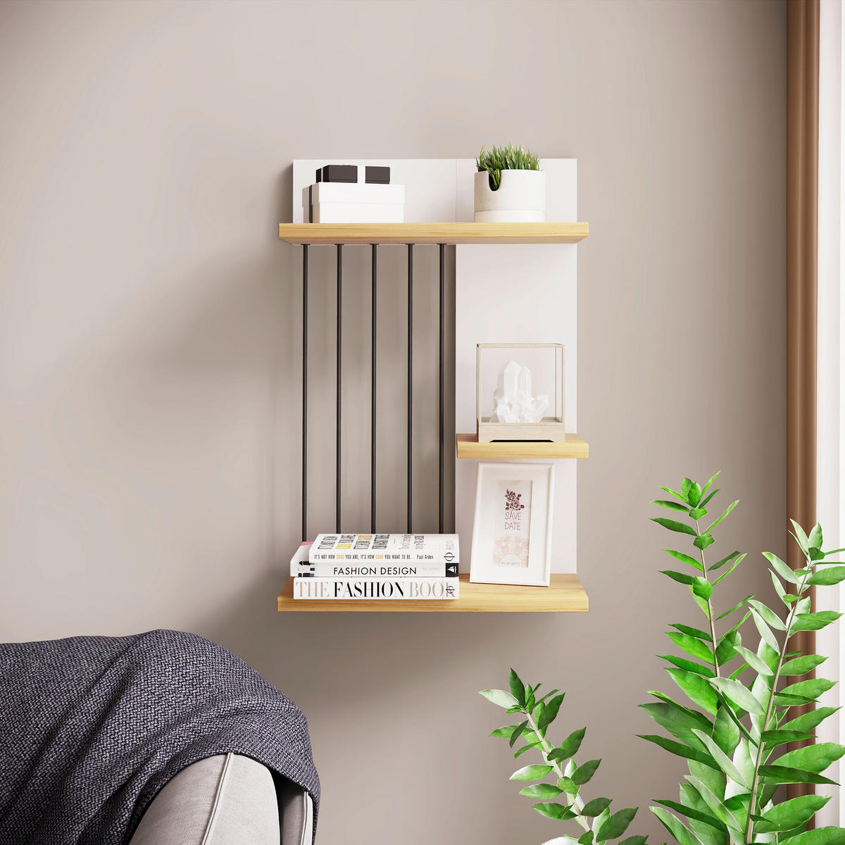Poliță De Perete 40/60/19 cm, alb, culoare lemn stejar  - alb/culoare lemn stejar, Design, material pe bază de lemn (40/60/19cm) - Livetastic