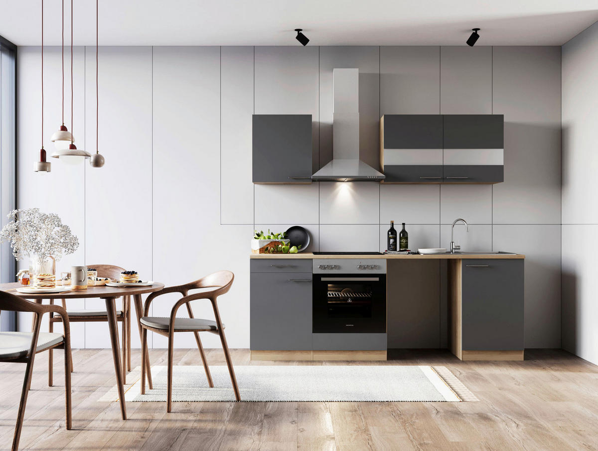 KÜCHENBLOCK 220 cm   in Grau  - Edelstahlfarben/Eichefarben, Basics, Glas/Holzwerkstoff (220cm) - Respekta