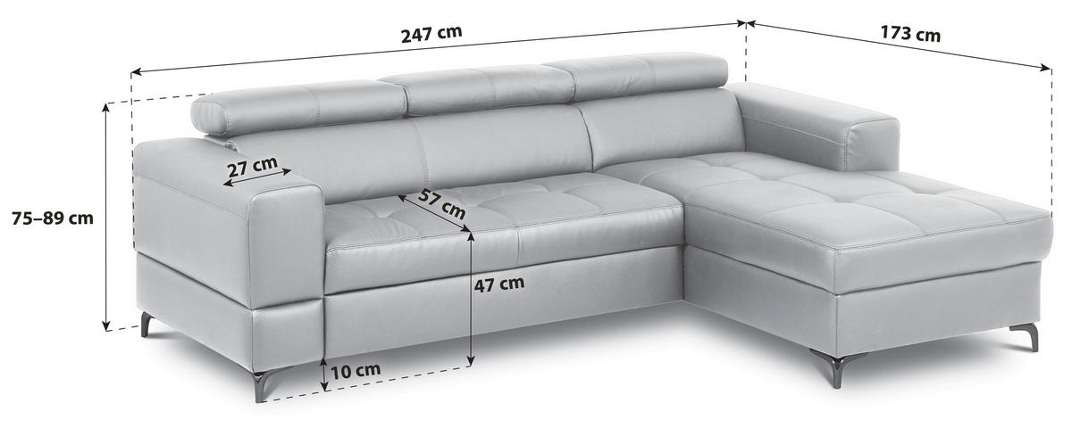 ECKSOFA Hellgrau Echtleder Lederlook Bettkasten, Schlaffunktion, Rücken echt, Kopfteilverstellung  - Hellgrau/Schwarz, Design, Leder/Textil (247/173cm) - Livetastic