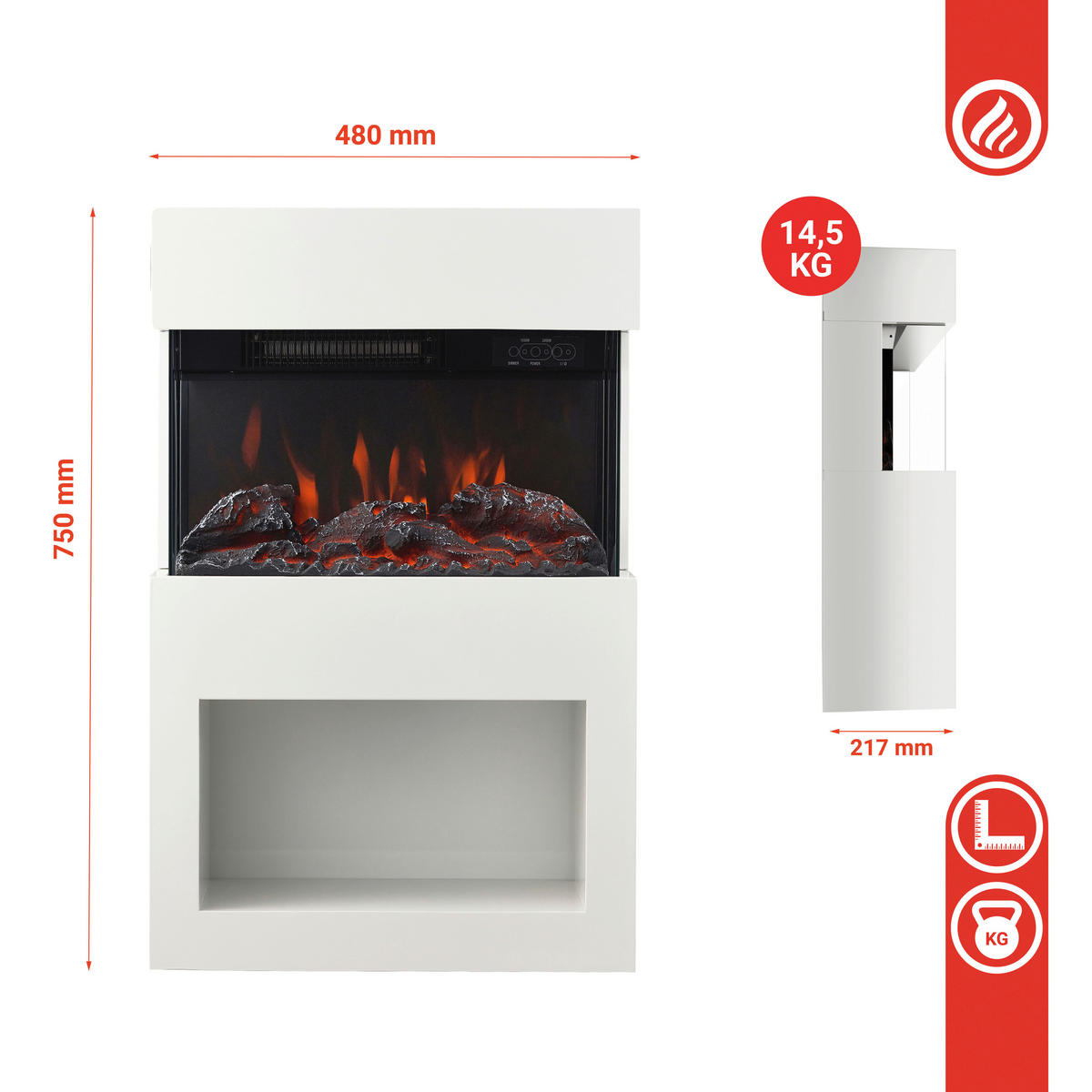 ELEKTROKAMIN - Weiß, Basics, Glas/Metall (48,0/75,0/21,7cm)