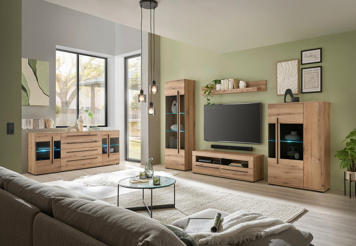 SIDEBOARD  200/86/42 cm 4 Schublade(n)  - Eichefarben/Schwarz, Design, Glas/Holzwerkstoff (200/86/42cm) - Livetastic