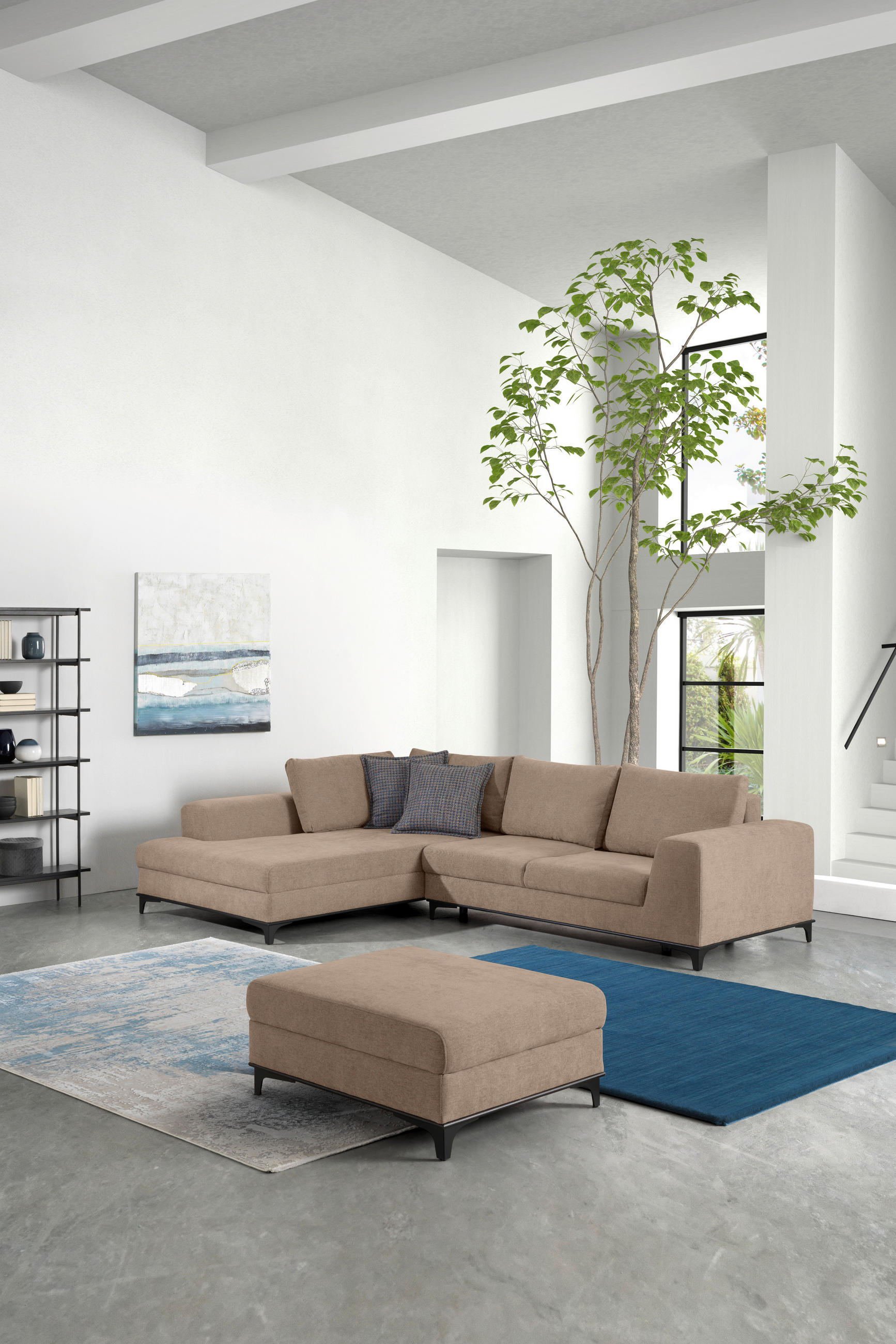 ECKSOFA Sandfarben Webstoff  - Sandfarben/Schwarz, Design, Textil/Metall (211/314cm) - Stylife