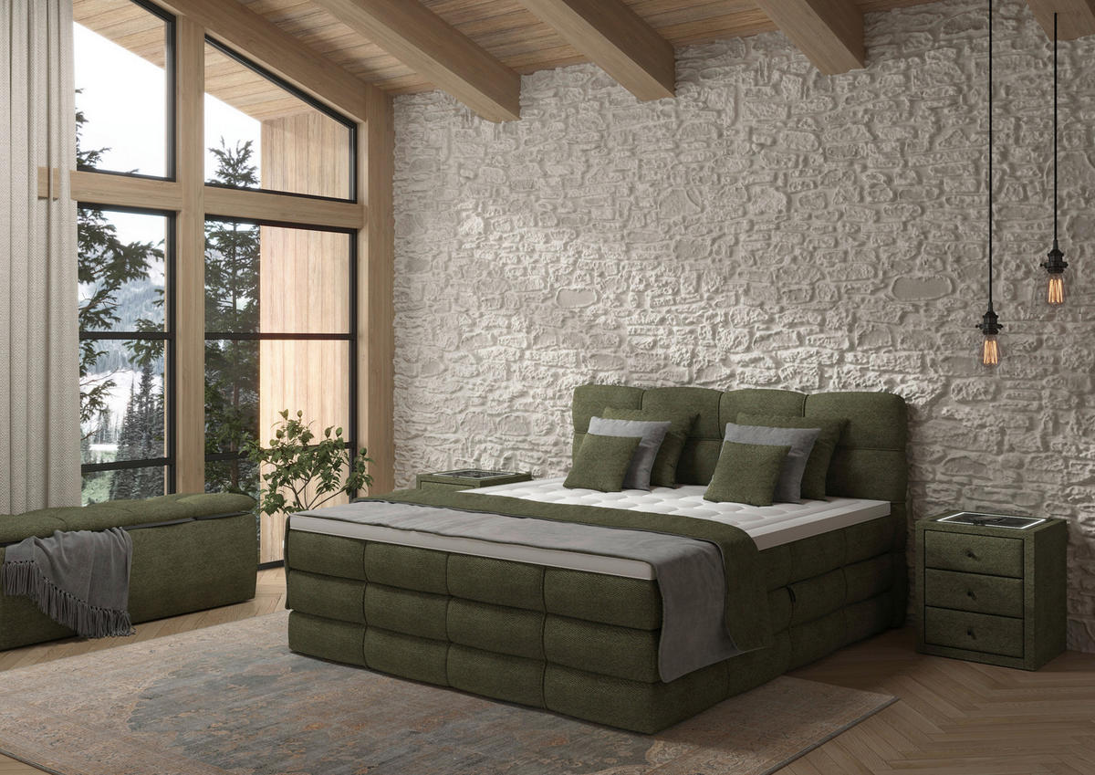 BOXSPRINGBETT 160/200 cm,  in Grün, gepolstertes Kopfteil, Bettkasten, Topper, Matratzen, H3 + H3 = fest  - Schwarz/Grün, Design, Kunststoff/Textil (160/200cm) - Chameo