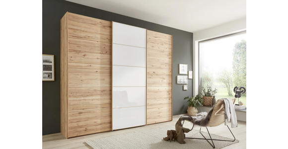 SCHWEBETÜRENSCHRANK 250/217/67 cm 3-türig Weiß, Buchefarben - Buchefarben/Weiß, Natur, Glas/Holz (250/217/67cm) - Linea Natura