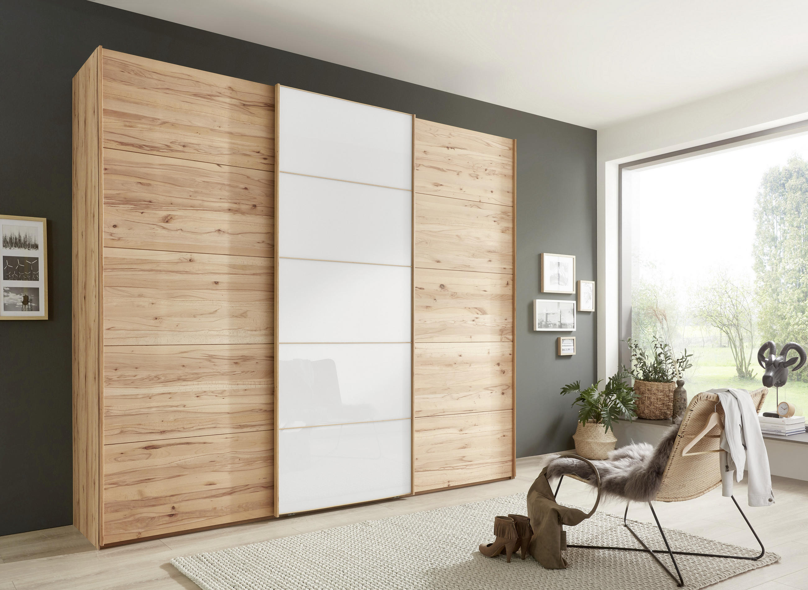 SCHWEBETÜRENSCHRANK 250/217/67 cm 3-türig Weiß, Buchefarben  - Buchefarben/Weiß, Natur, Glas/Holz (250/217/67cm) - Linea Natura