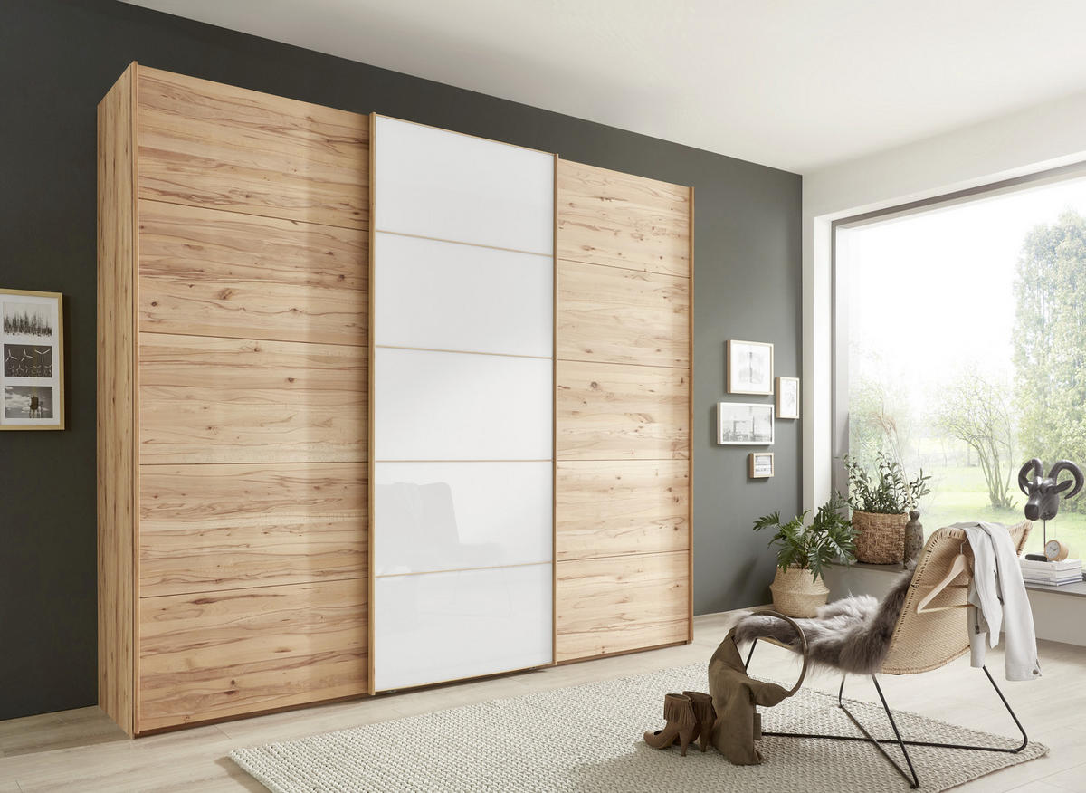 FÜGGESZTETT TOLÓAJTÓS SZEKRÉN részben tömörfa bükk fehér, bükk  - bükk/fehér, Natur, faalapú anyag/Üveg (250/217/67cm) - Linea Natura