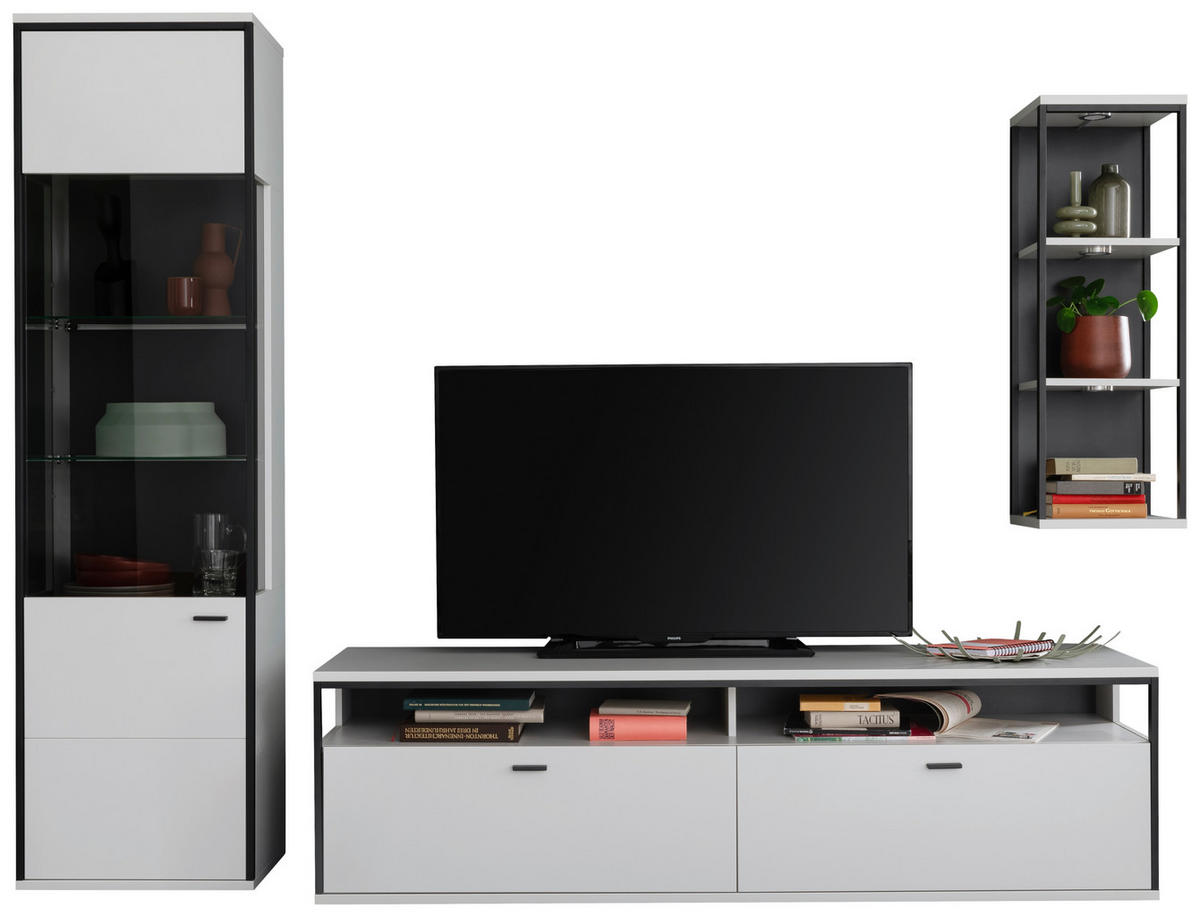 WOHNWAND  in Schwarz, Weiss 265/199/51 cm  - Weiss/Schwarz, Design, Glas/Holzwerkstoff (265/199/51cm) - Stylife