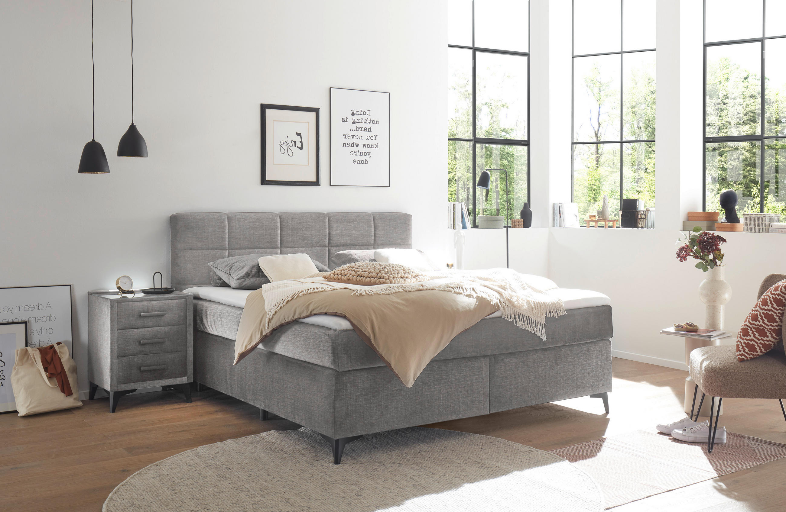 BOXSPRINGBETT 180/200 cm  in Hellgrau  - Hellgrau/Schwarz, Design, Holzwerkstoff/Kunststoff (180/200cm) - Xora