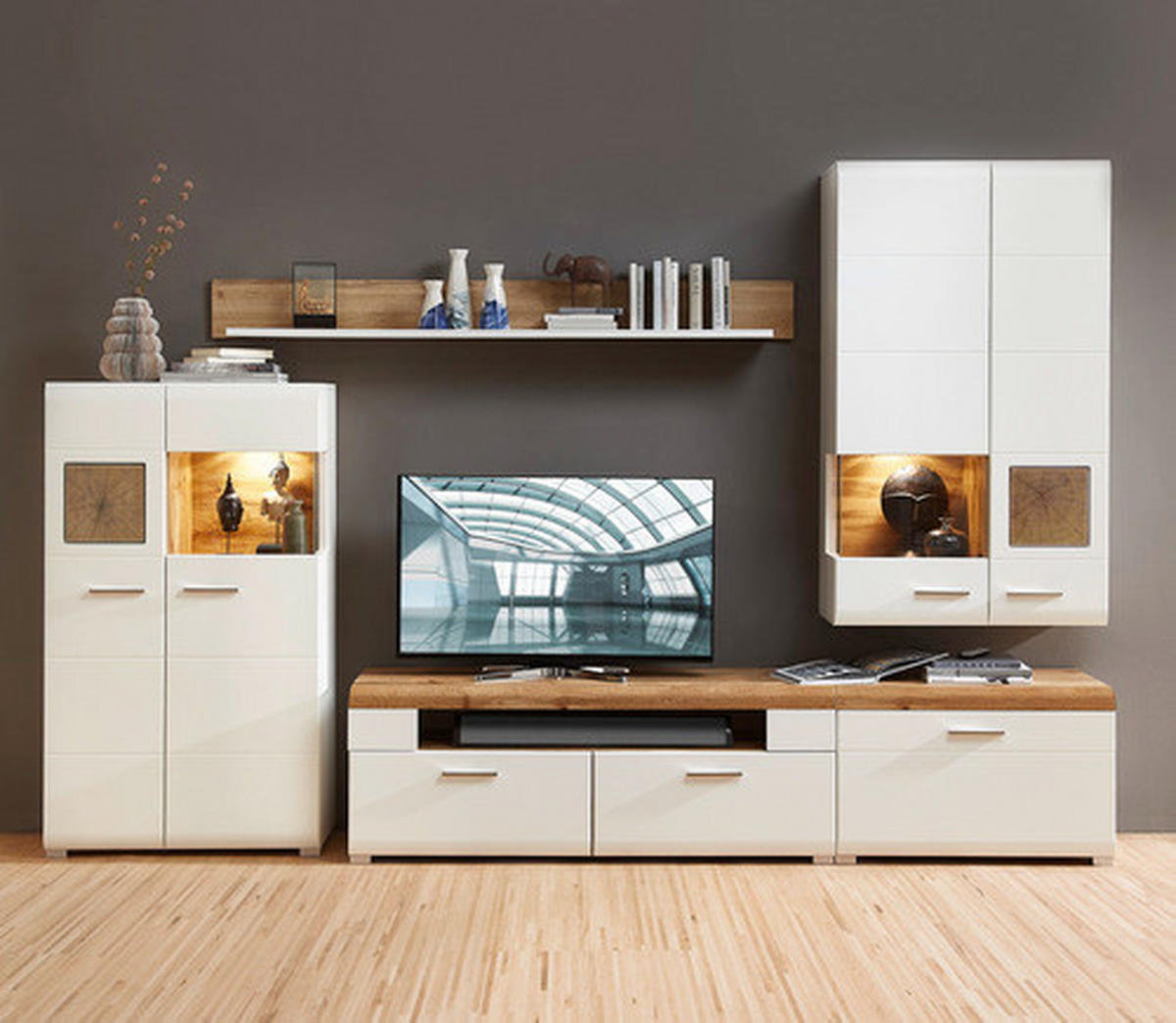 KOMODA POD TELEVIZI, bílá, barvy dubu, 140/51/47 cm - bílá/barvy dubu, Design, kov/kompozitní dřevo (140/51/47cm) - Hom`in