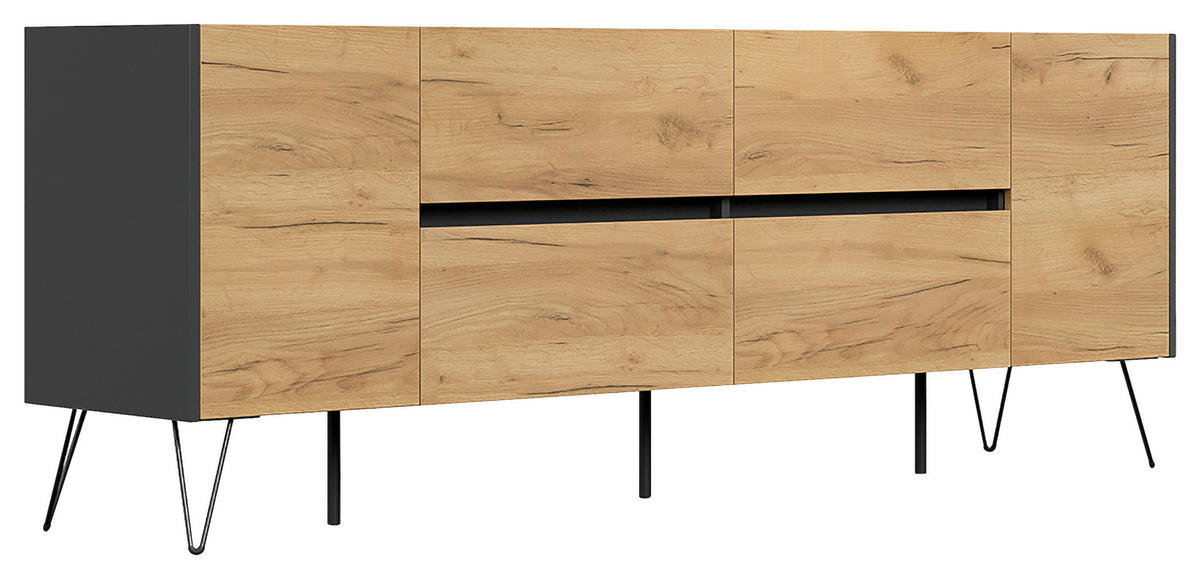 SIDEBOARD Posseik Industrial 199/75,8/42 cm 4 Schublade(n)  - Eichefarben/Graphitfarben, Design, Holzwerkstoff/Metall (199/75,8/42cm) - MID.YOU