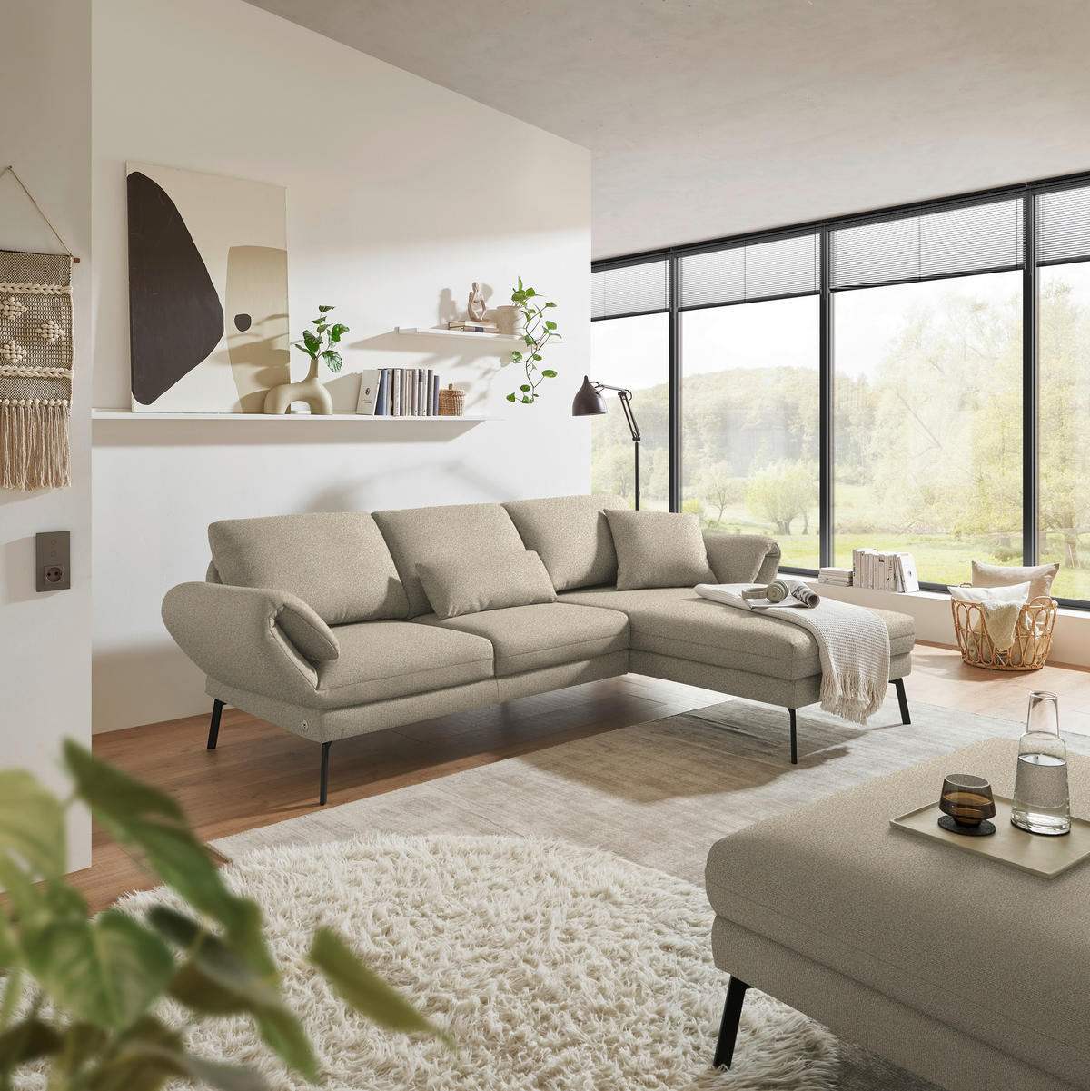 ECKSOFA Flachgewebe Beige  - Beige/Schwarz, Design, Textil/Metall (255-365/175-224cm) - Dieter Knoll