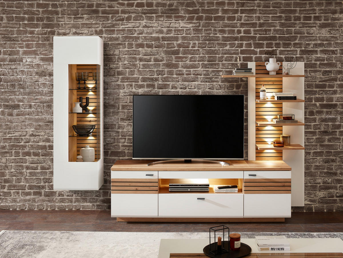 WOHNWAND 3-teilig  in Weiß, Eiche Artisan  280/193/47 cm  - Anthrazit/Weiß, Design, Glas/Holzwerkstoff (280/193/47cm) - Stylife