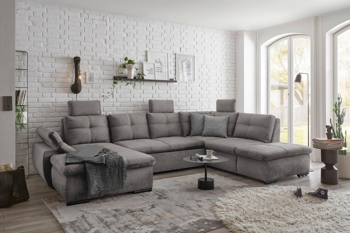 WOHNLANDSCHAFT in Mikrovelours Hellgrau  - Hellgrau/Schwarz, Konventionell, Kunststoff/Textil (127/334/217cm) - Carryhome