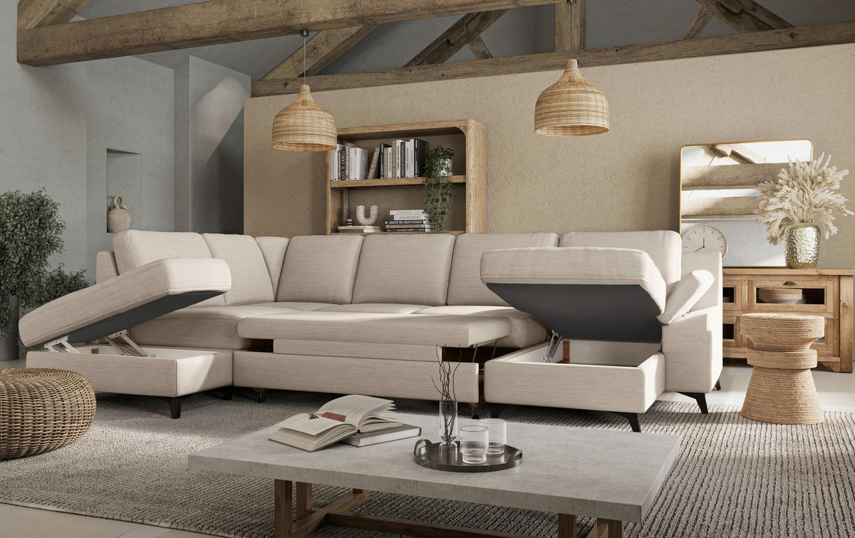 WOHNLANDSCHAFT in Flachgewebe Beige  - Beige/Schwarz, Konventionell, Textil/Metall (204/309/156cm) - Cotta