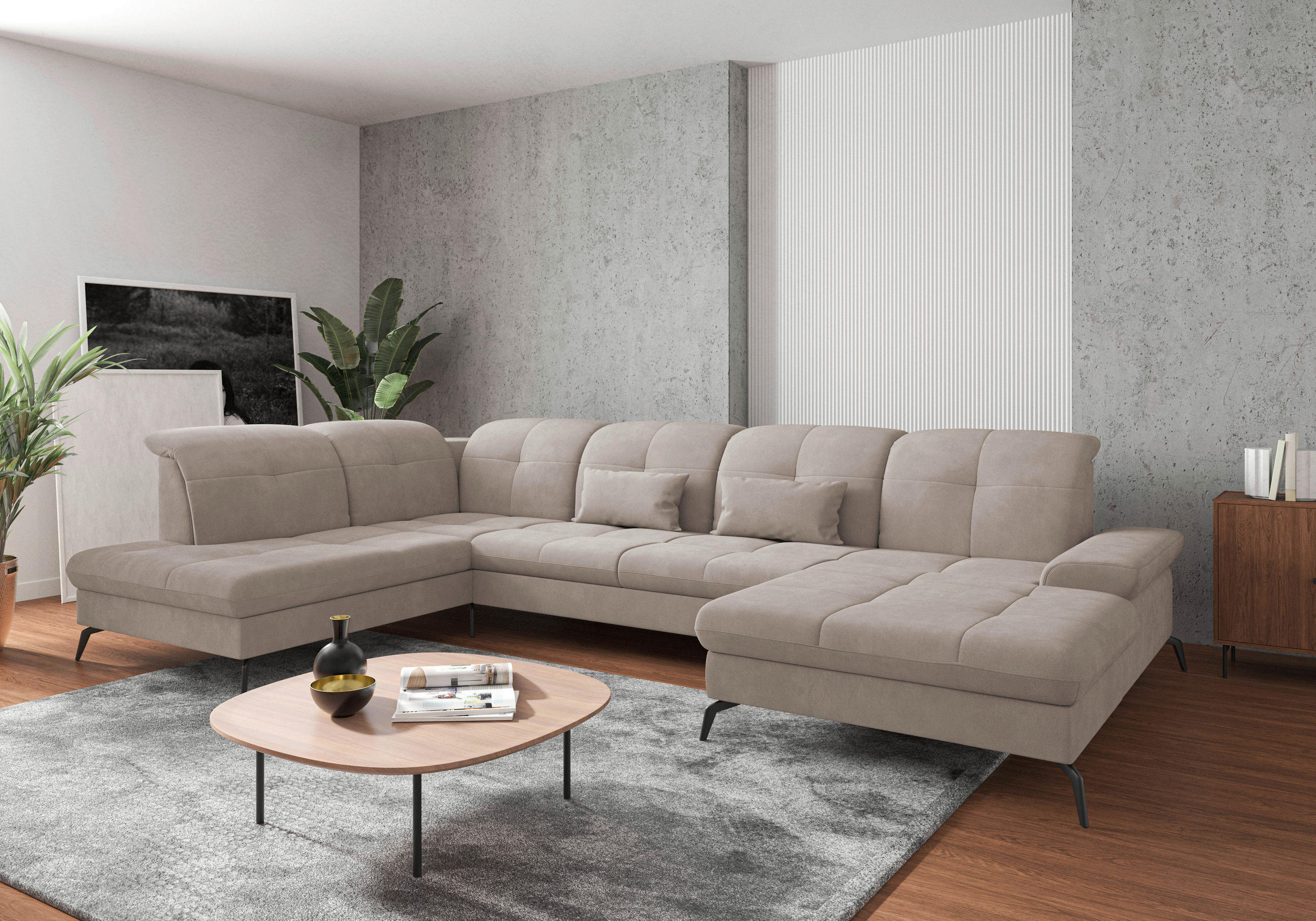 WOHNLANDSCHAFT in Flachgewebe Greige  - Greige/Schwarz, Konventionell, Textil/Metall (231/357/185cm) - Sit & More