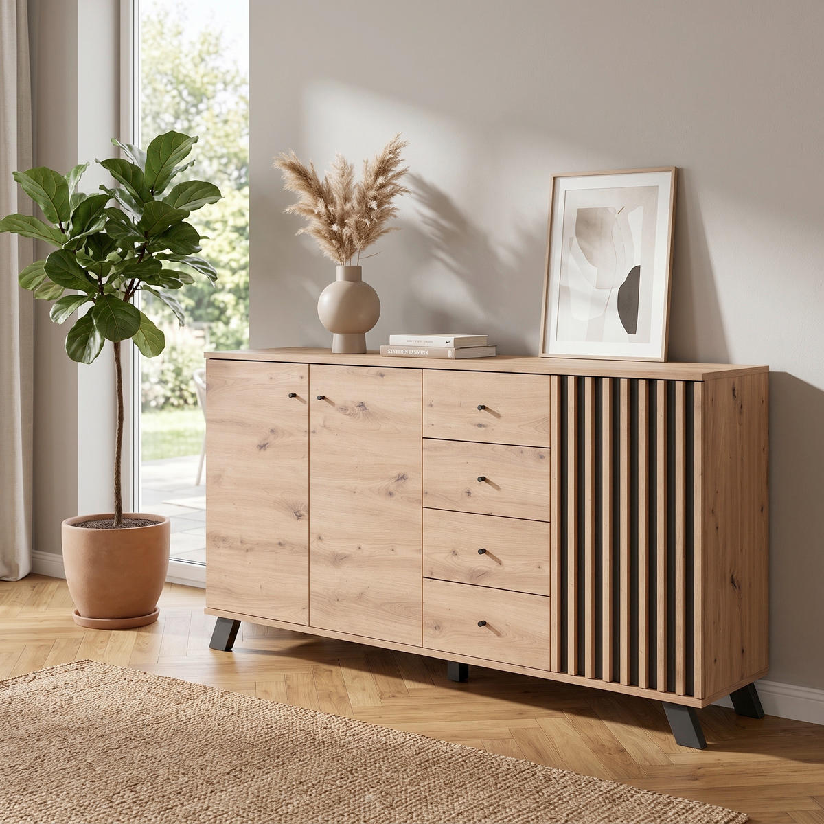 SIDEBOARD Medan 160/85/40 cm 4 Schublade(n)  - Anthrazit/Schwarz, LIFESTYLE, Holzwerkstoff/Metall (160/85/40cm) - MID.YOU