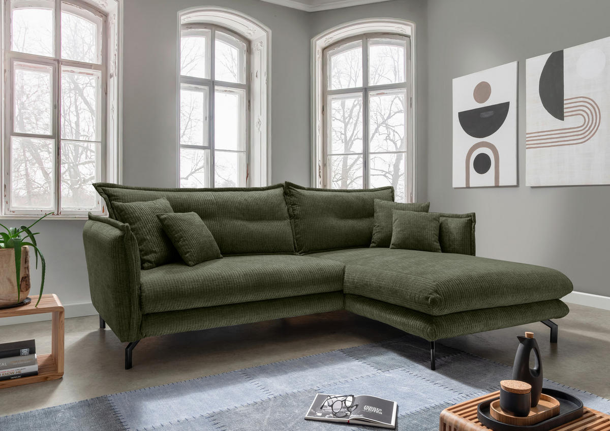 ECKSOFA in Velours Olivgrün  - Schwarz/Olivgrün, Design, Textil/Metall (255/180cm) - Livetastic