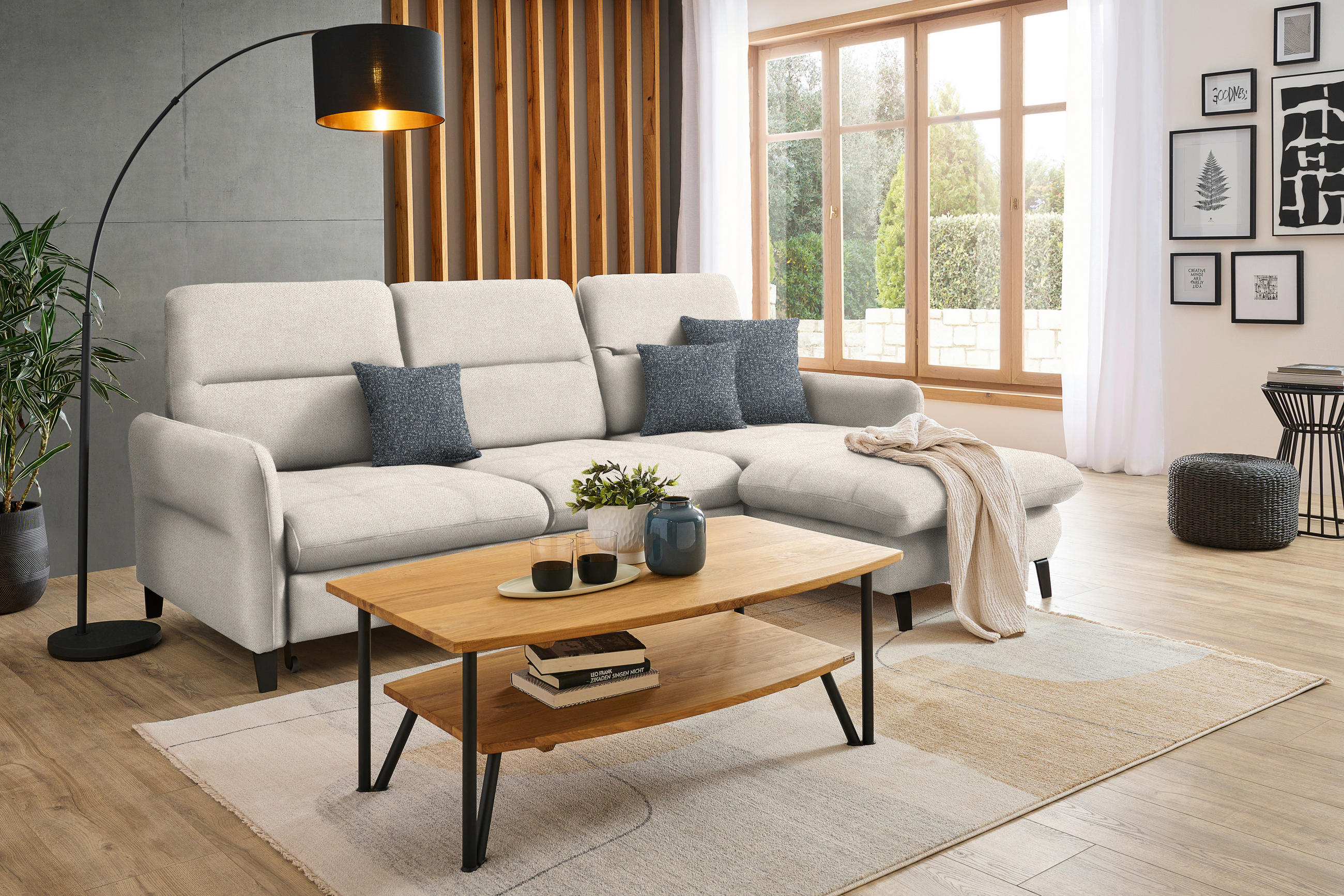 ECKSOFA Creme Plüsch  - Creme/Schwarz, KONVENTIONELL, Textil/Metall (254/190cm) - Livetastic