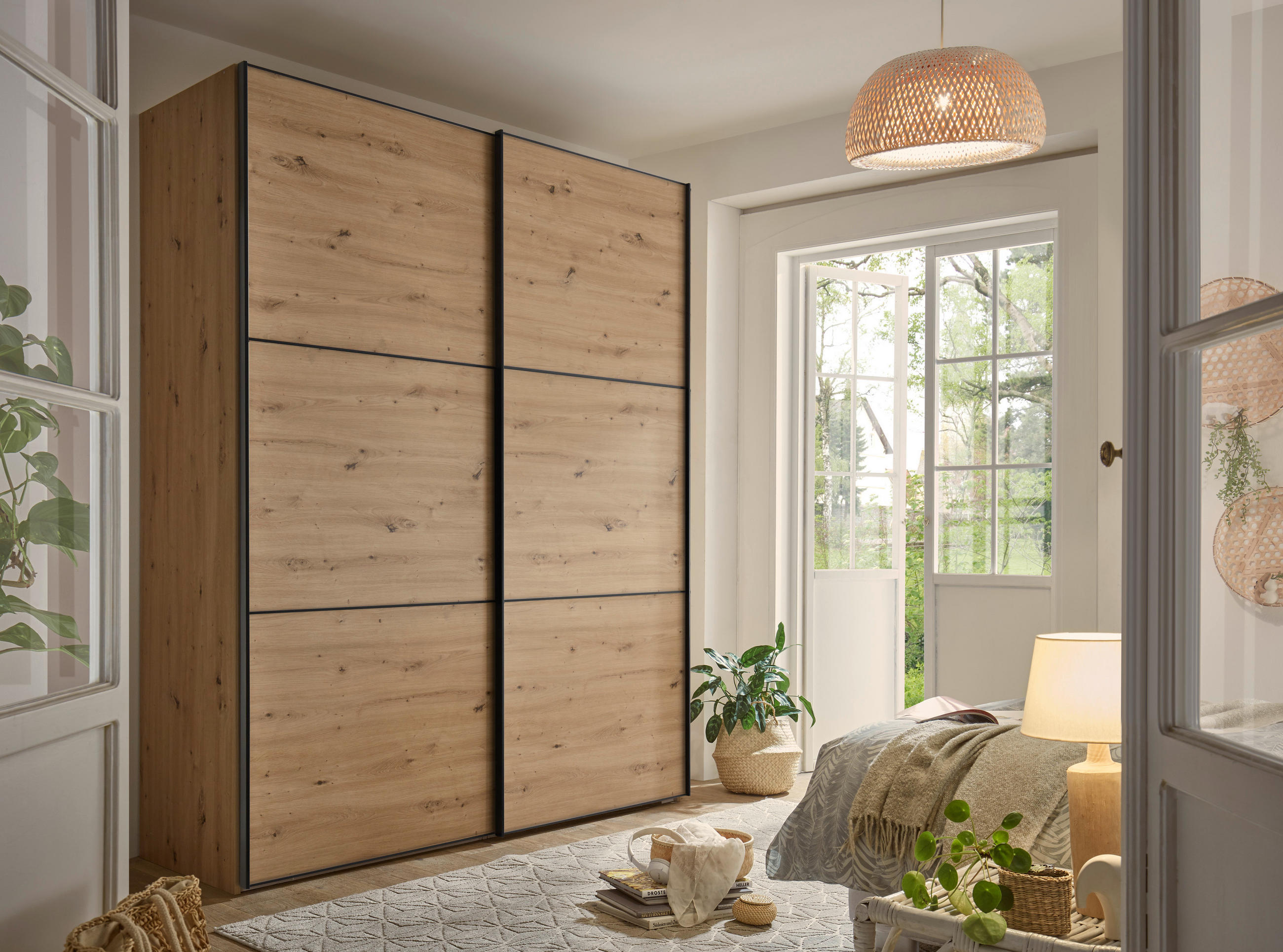 SCHWEBETÜRENSCHRANK 200/222/68 cm 2-türig Eiche Artisan  - Schwarz/Eiche Artisan, Holzwerkstoff/Metall (200/222/68cm) - Moderano