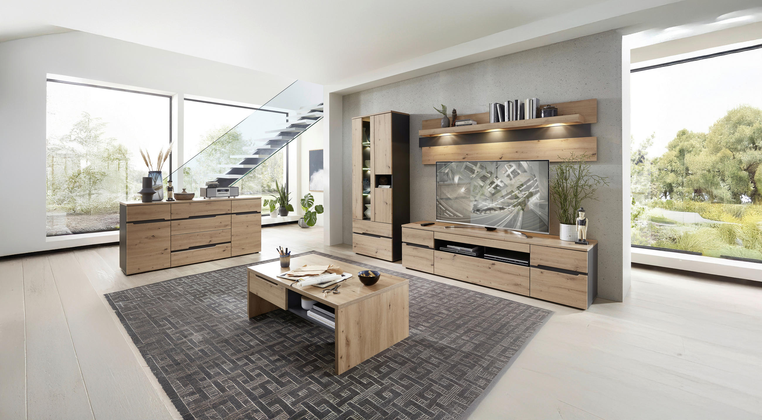 KOMODA POD TELEVIZI, barvy grafitu, dub artisan, 192/53/47 cm - černá/barvy grafitu, Trend, kompozitní dřevo/plast (192/53/47cm) - Carryhome