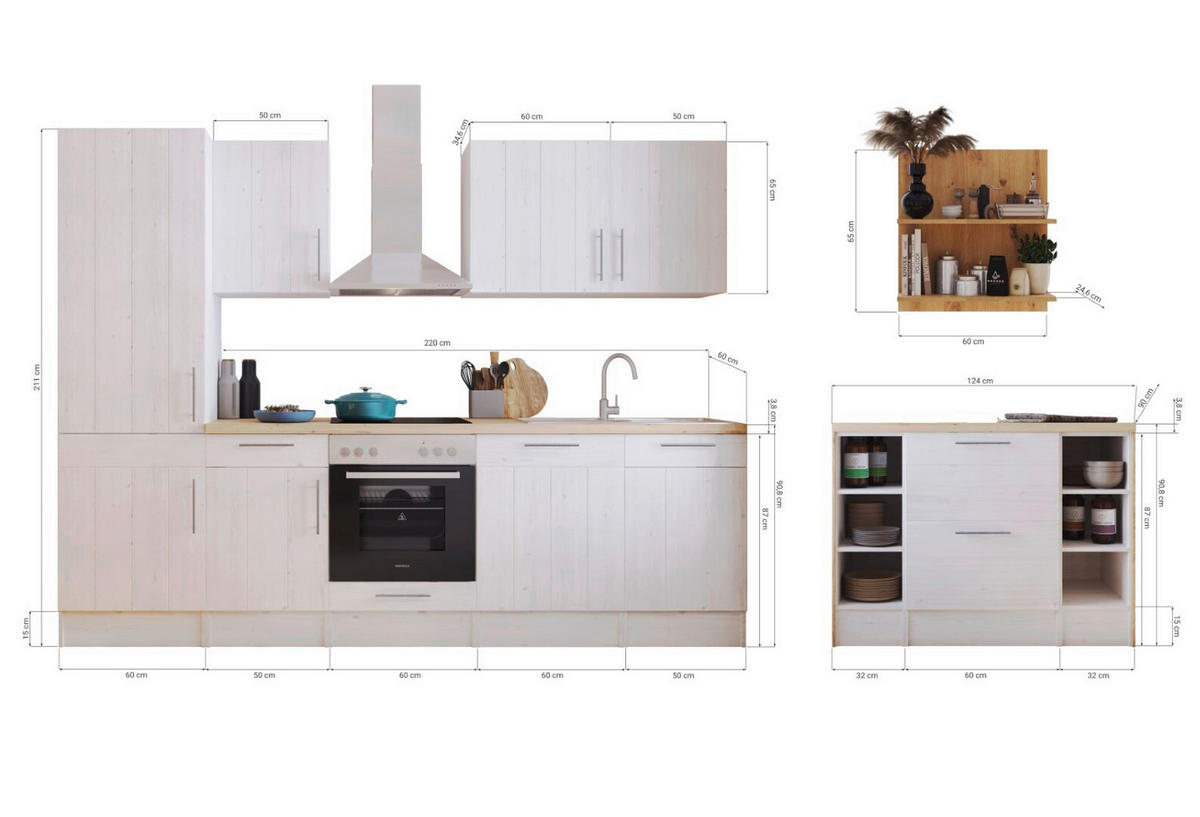 MODULKÖK 280-124 cm   i vit, lärkfärgad  - stålfärgad/vit, Lifestyle, metall/trämaterial (280-124cm) - Respekta