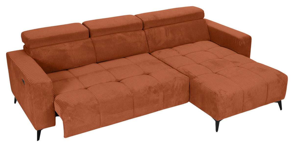 ECKSOFA Rostfarben Cord Rücken echt, Kopfteilverstellung, Sitzvorzug  - Rostfarben/Schwarz, KONVENTIONELL, Textil/Metall (257/170cm) - Carryhome