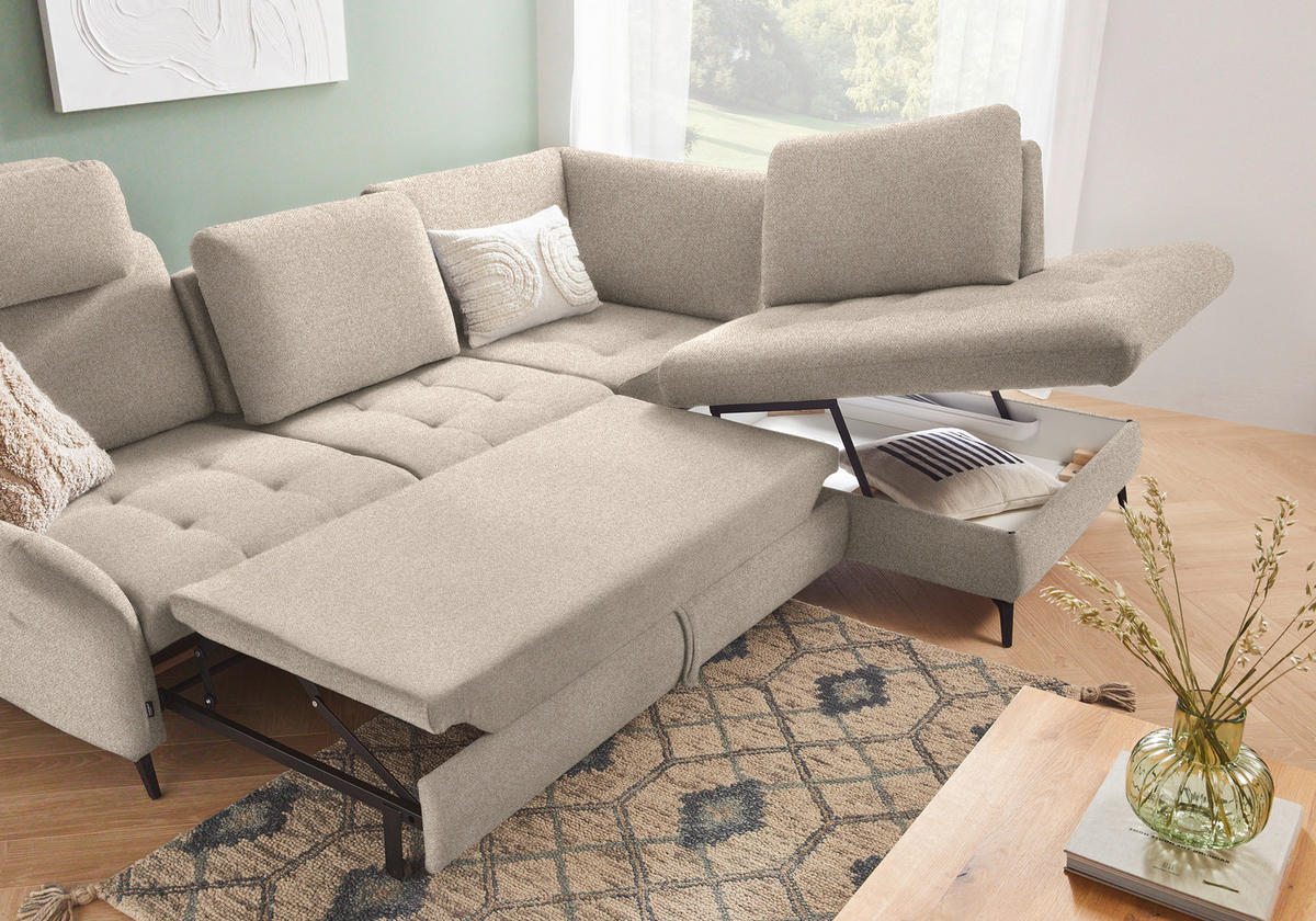 ECKSOFA in Bouclé Beige  - Beige/Schwarz, Natur, Textil/Metall (288/233cm) - Valnatura