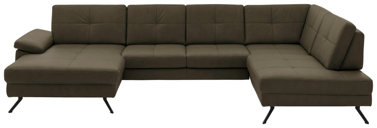 WOHNLANDSCHAFT in Lederlook, Mikrofaser Olivgrün  - Schwarz/Olivgrün, Design, Textil/Metall (345/220cm) - Beldomo System