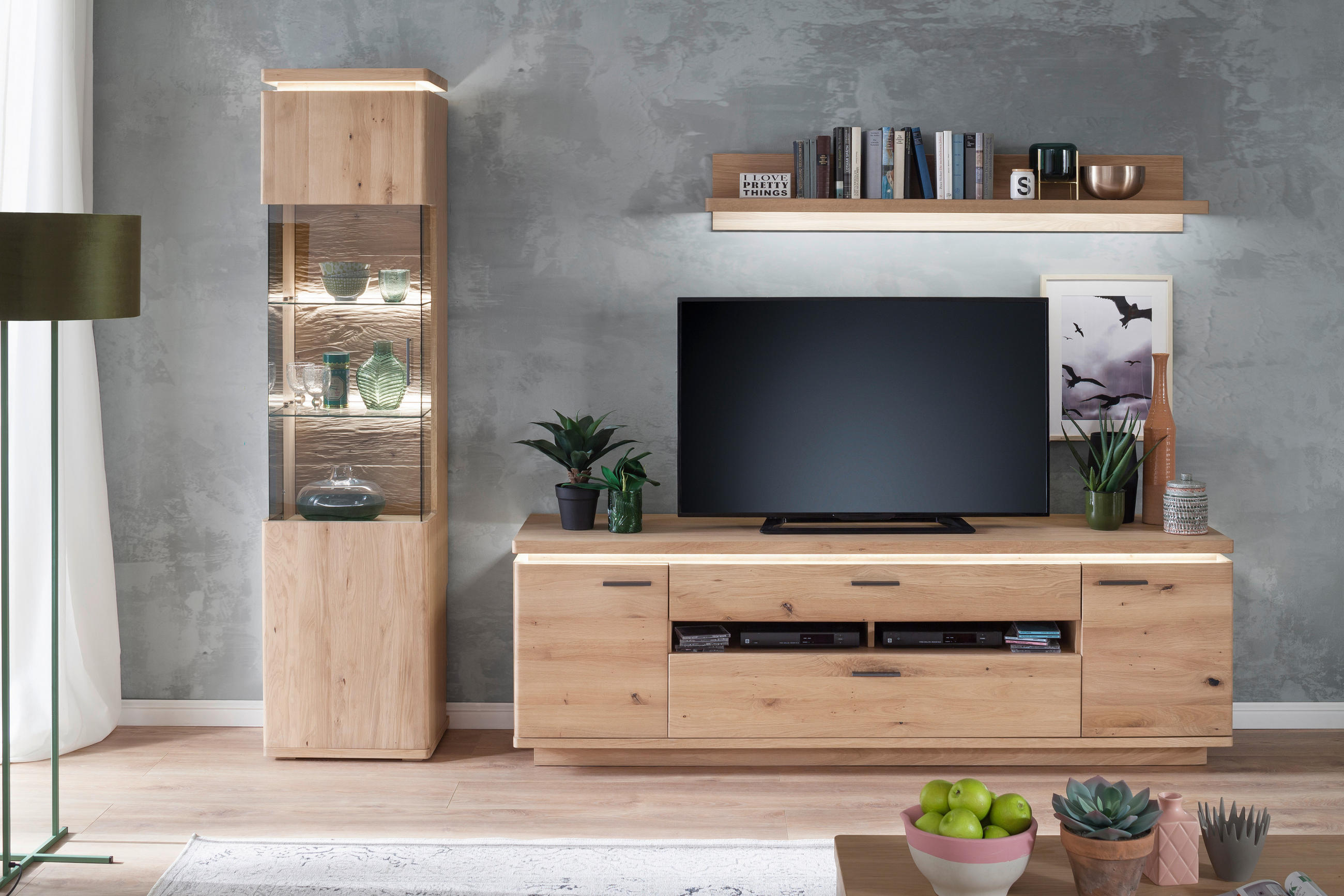 WOHNWAND Barcelona in Eichefarben 280/204/50 cm - Eichefarben/Grau, Design, Glas/Holz (280/204/50cm) - Livetastic