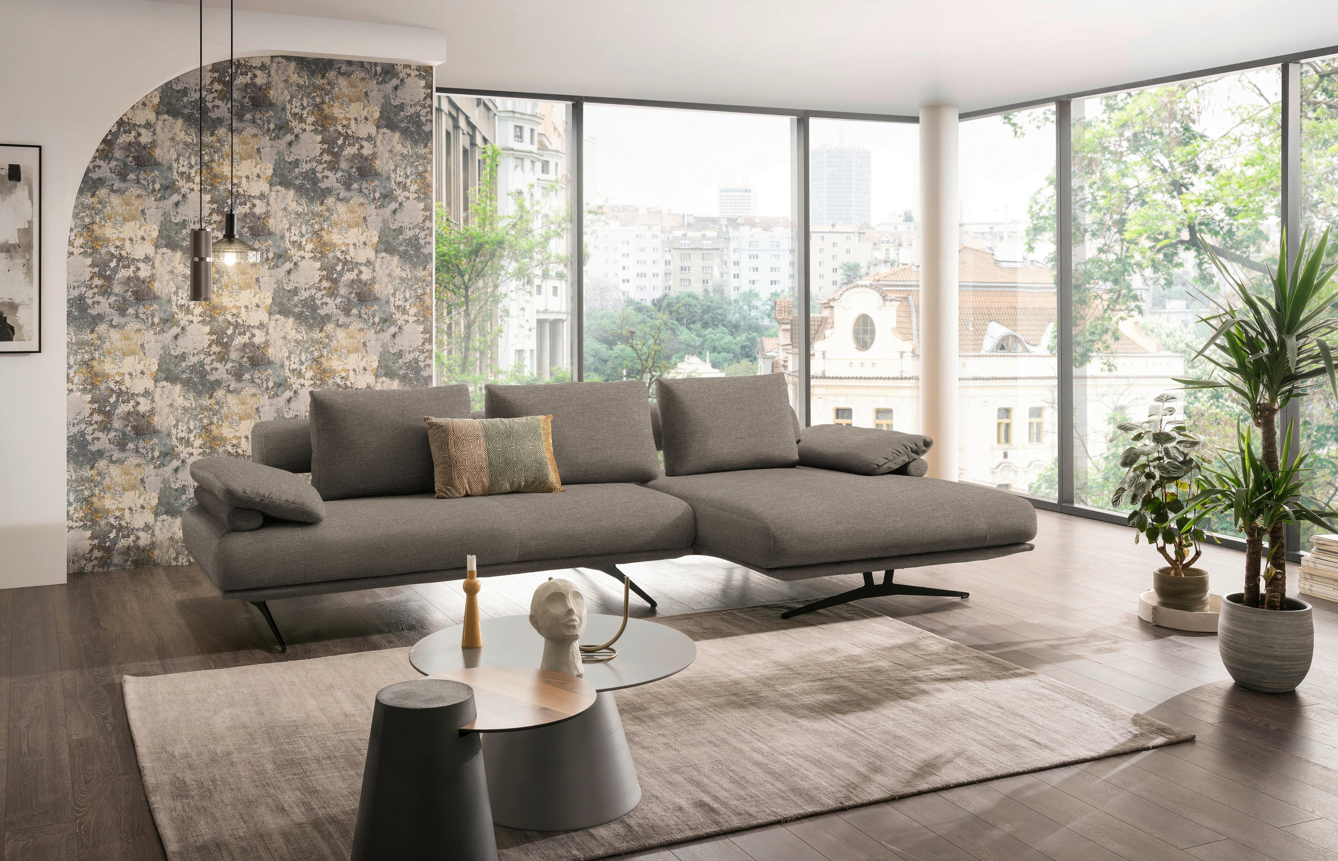ECKSOFA in Chenille Graubraun  - Graubraun/Schwarz, Design, Textil/Metall (334/168cm) - Dieter Knoll