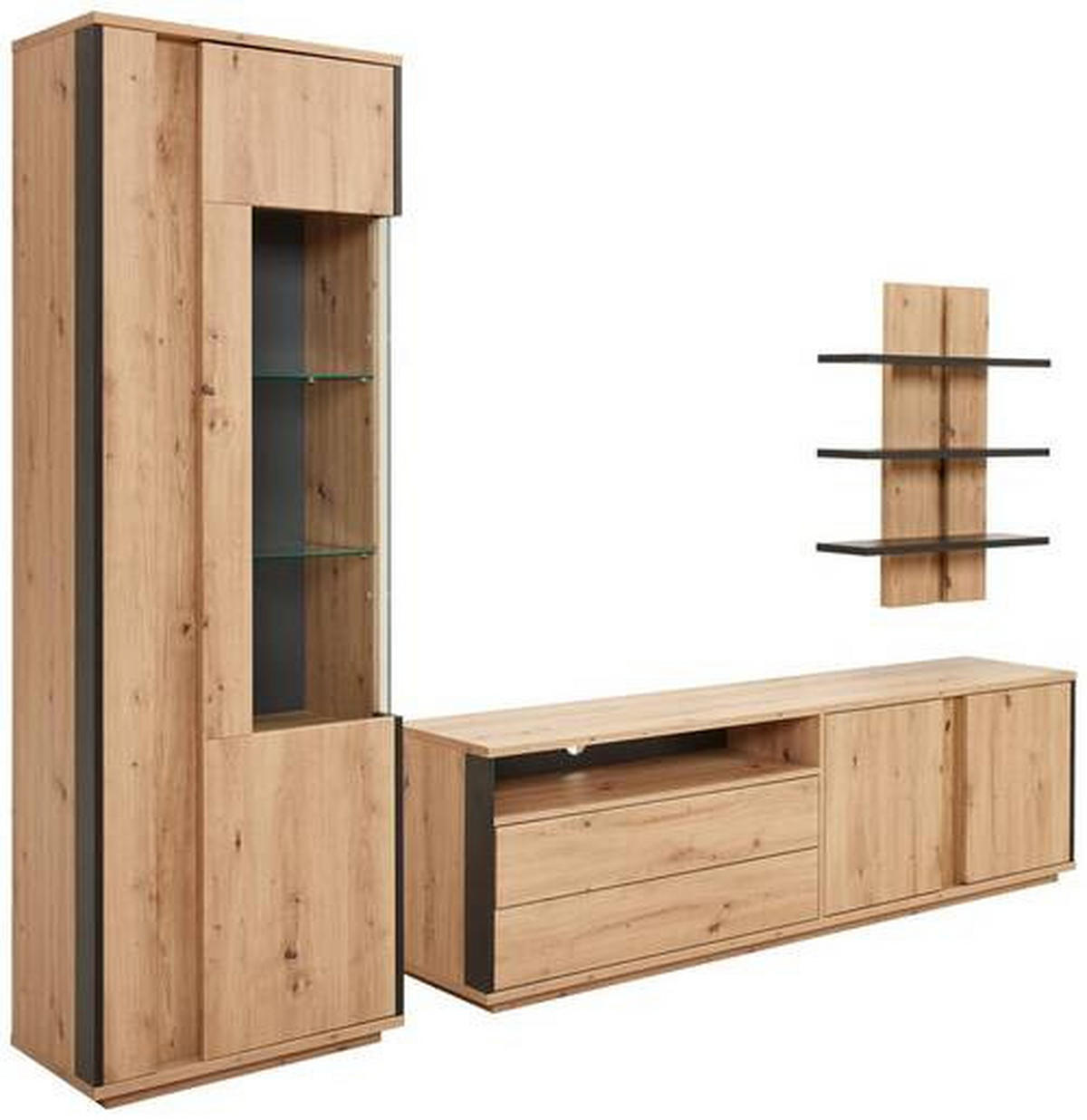 WOHNWAND  in Grau, Eichefarben  252/200/41 cm  - Eichefarben/Grau, Design, Glas/Holzwerkstoff (252/200/41cm) - Stylife