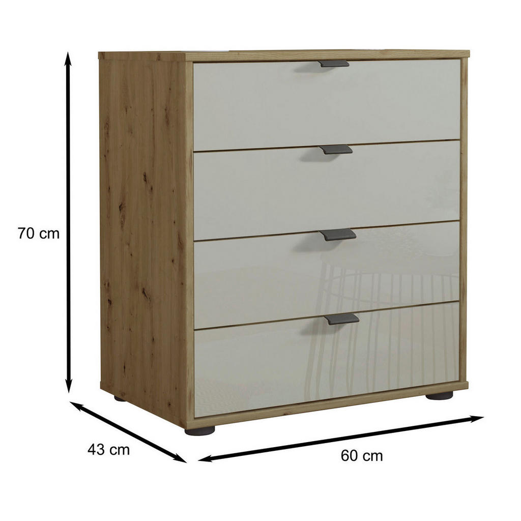 Thumbnail - Dieter Knoll Kommode, Eiche Bianco, Champagner, Metall, 4 Schubladen, 60x70x43 cm, Made in Germany, Goldenes M, ISO 9001...