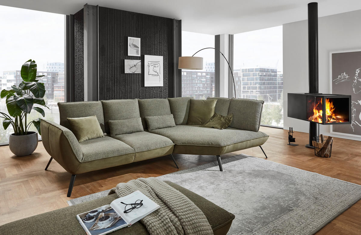 ECKSOFA in Flachgewebe Olivgrün  - Schwarz/Olivgrün, Design, Textil/Metall (320/169cm) - Moderano
