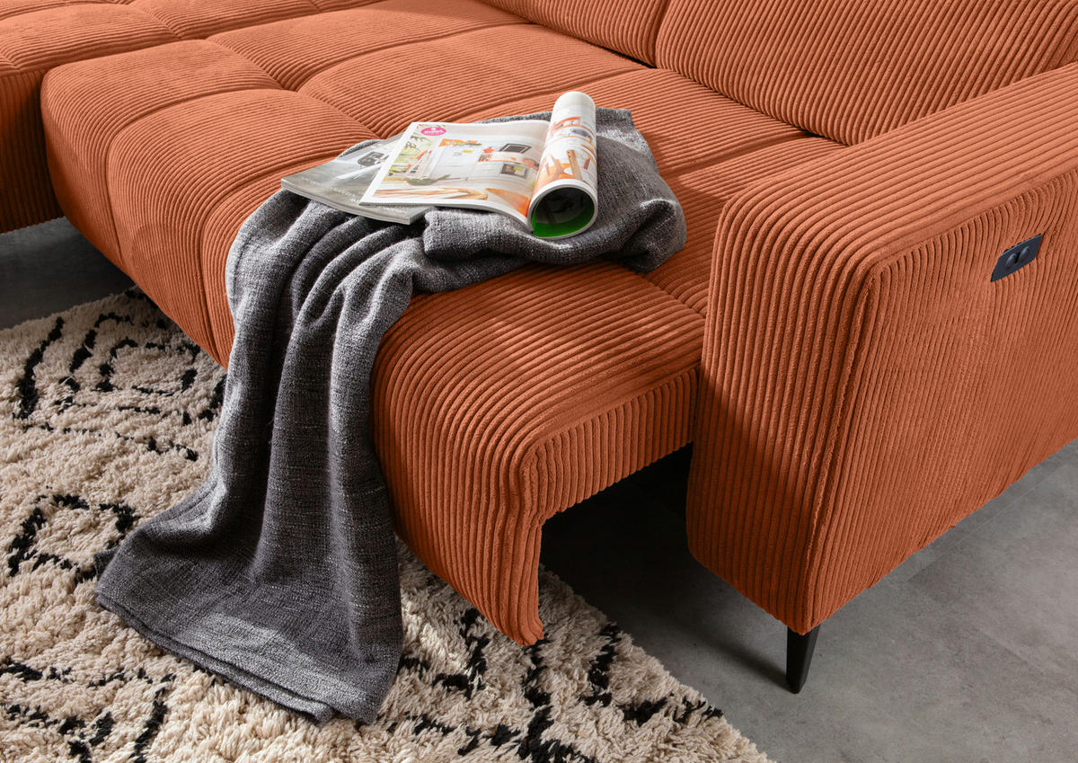 ECKSOFA Rostfarben Cord Rücken echt, Kopfteilverstellung, Sitzvorzug  - Rostfarben/Schwarz, KONVENTIONELL, Textil/Metall (170/257cm) - Carryhome