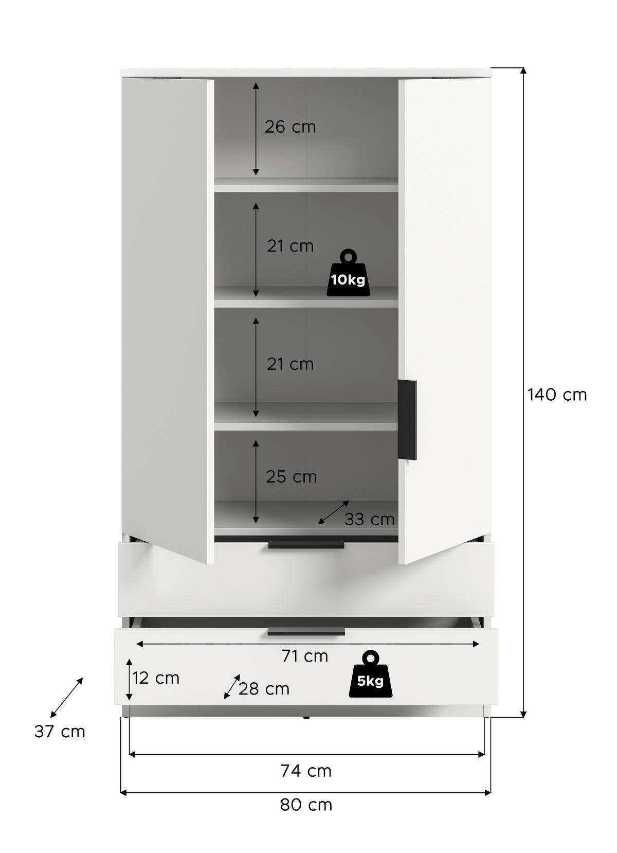 DREHTÜRENSCHRANK 80/140/37 cm,  in Weiß, 2-türig  - Schwarz/Weiß, MODERN, Holzwerkstoff/Kunststoff (80/140/37cm) - MID.YOU