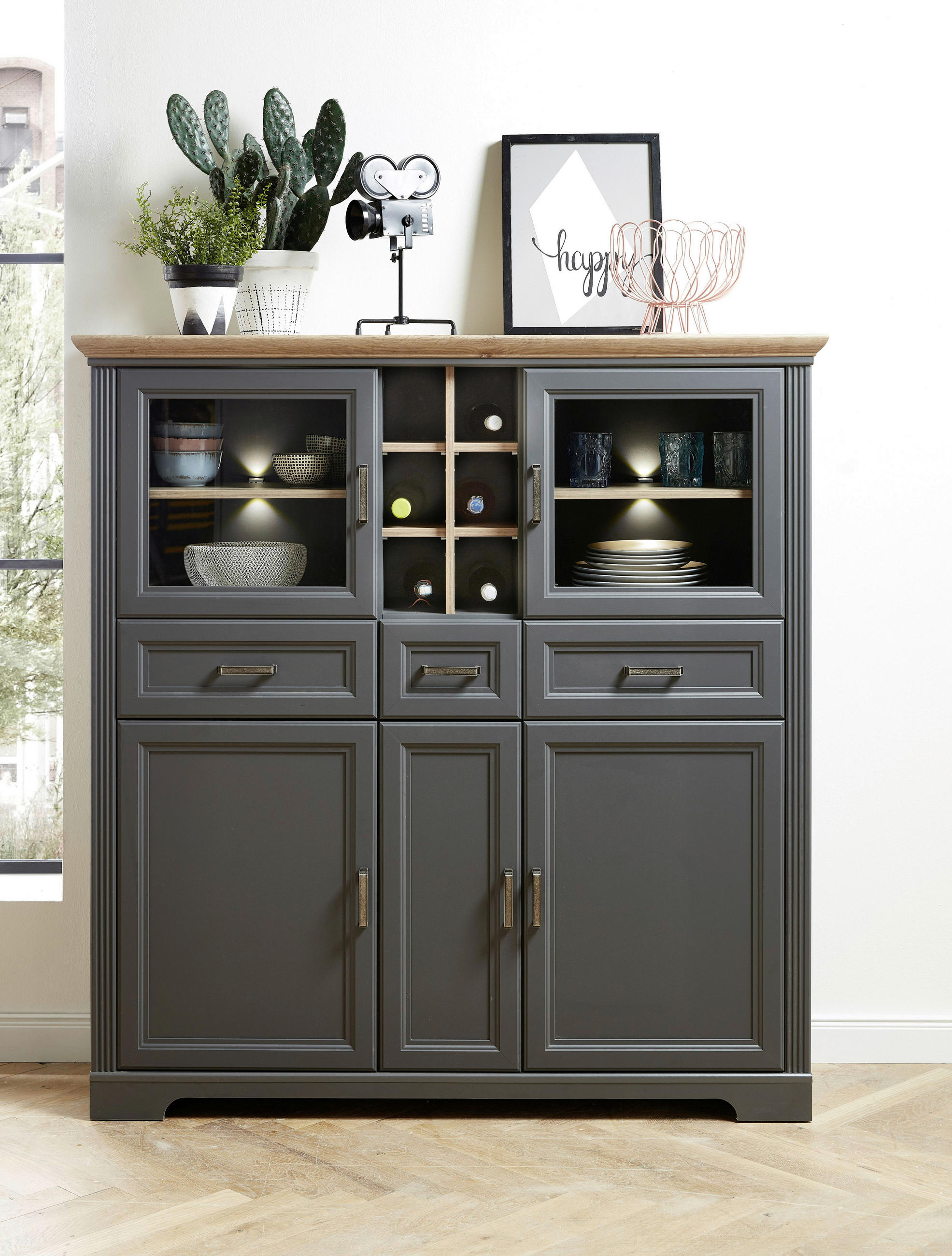 HIGHBOARD in 143/150/42 cm - Graphitfarben/Eiche Artisan, ROMANTIK / LANDHAUS, Holzwerkstoff/Metall (143/150/42cm) - Hom`in