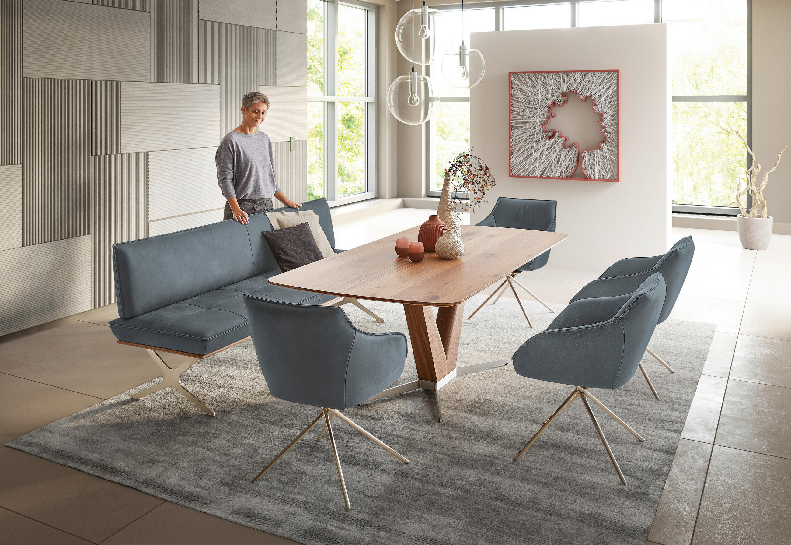 SITZBANK 214/88/66 cm Echtleder Edelstahlfarben, Graublau Nussbaum furniert Metall  - Edelstahlfarben/Graublau, Design, Leder/Holz (214/88/66cm) - Koinor